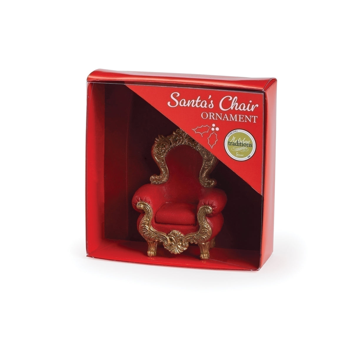 Red and gold Santa’s chair ornament displayed in a red window gift box.