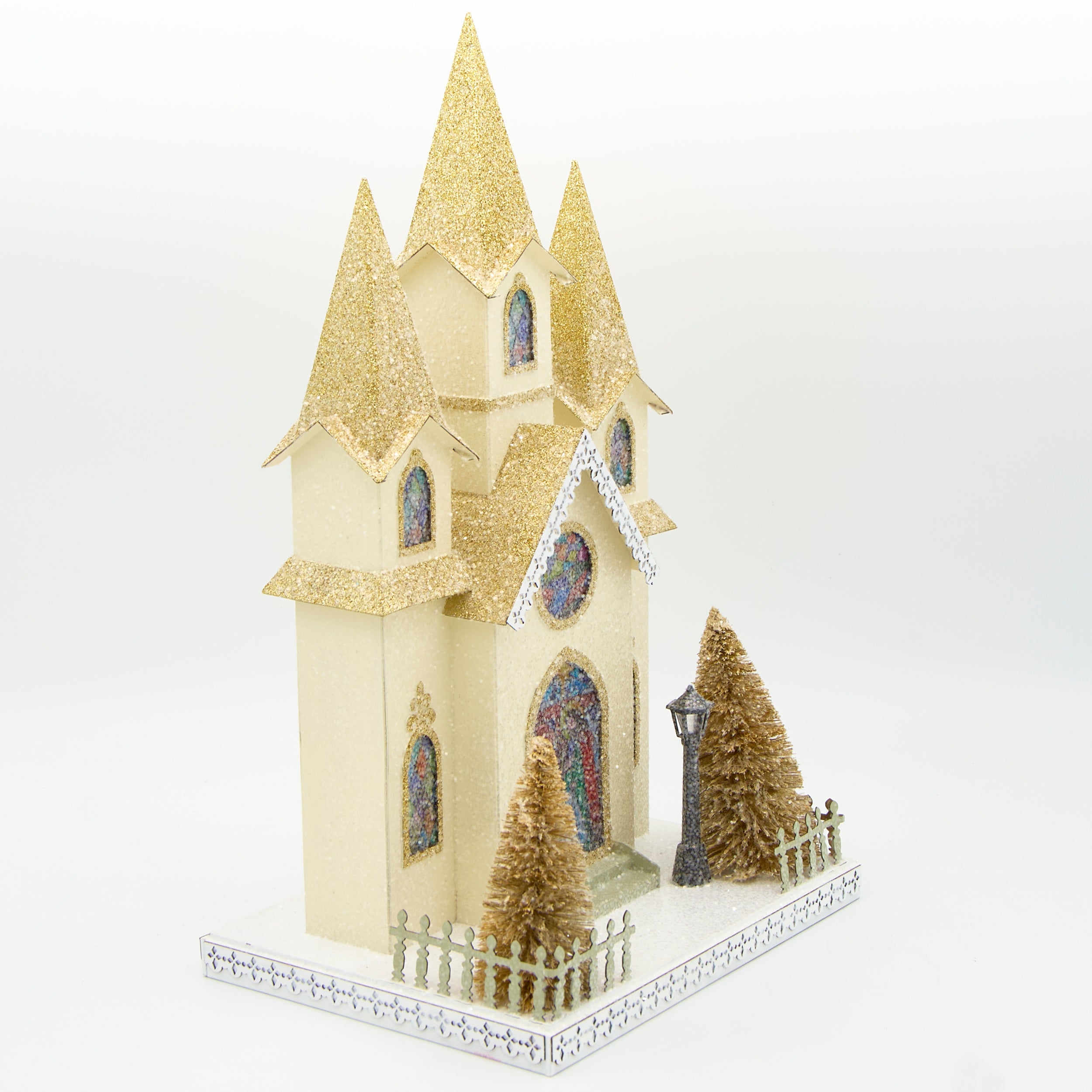 Lighted Church with Stained Glass Windows