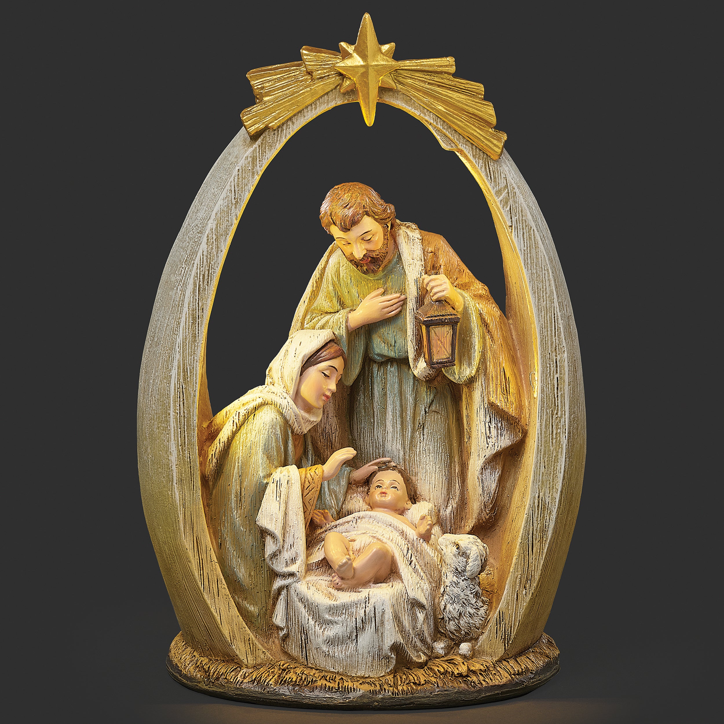 Lighted Holy Family with Arched Wood-Look Frame