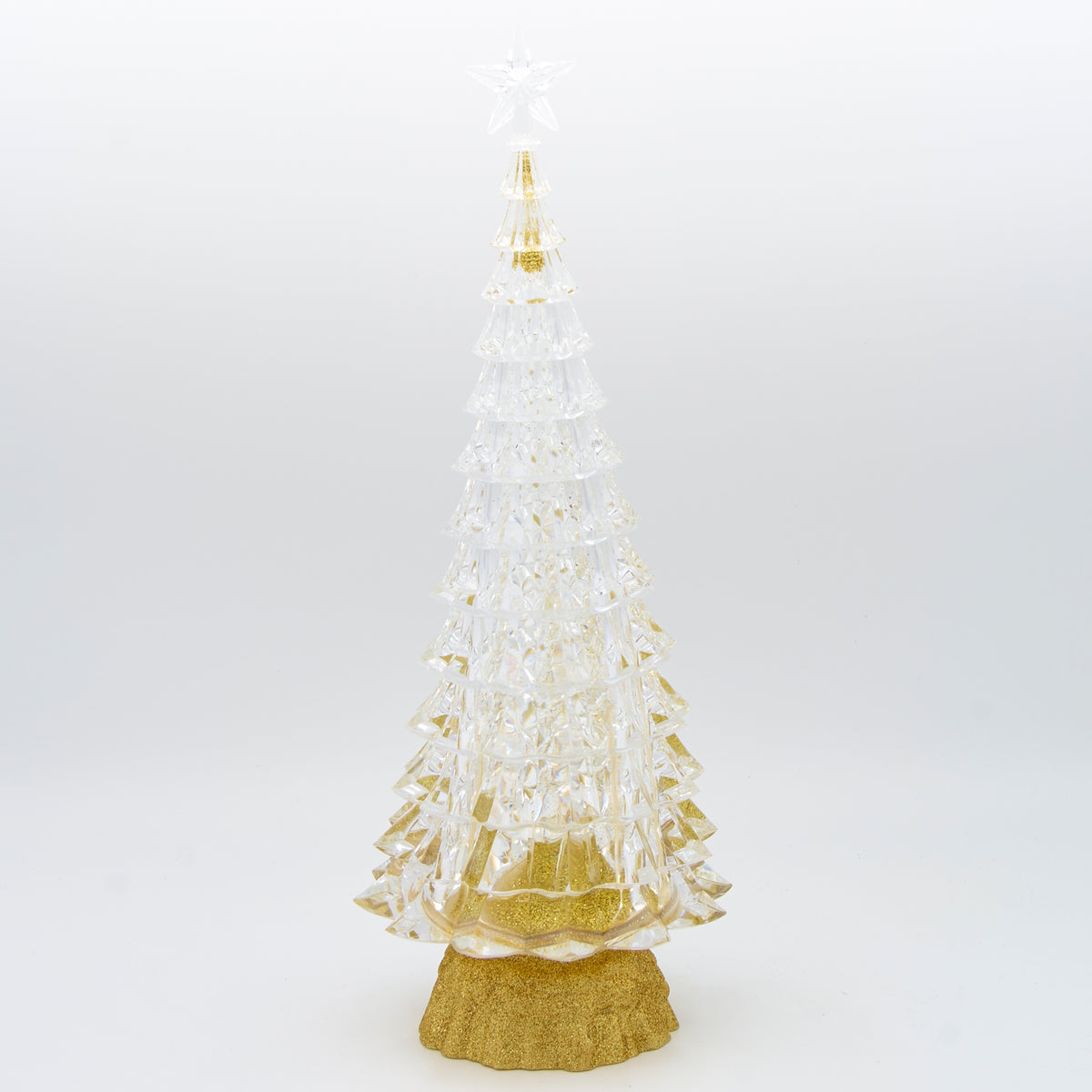 Clear glitter-filled Christmas tree with a star topper and round gold base, shown against a white background.