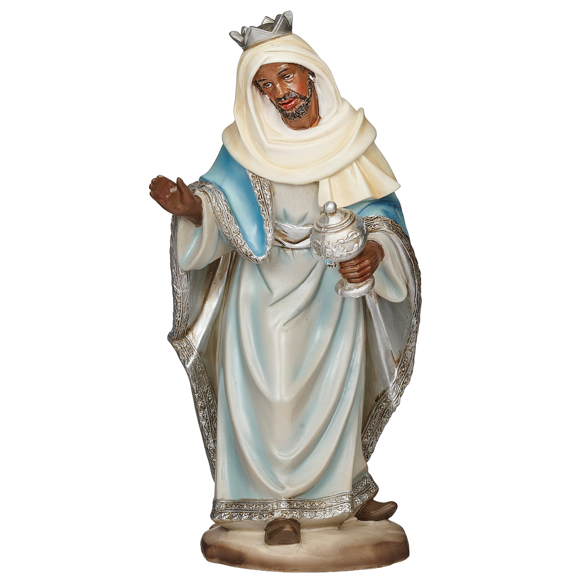 Celestial blue nativity Three King figure holding a gift