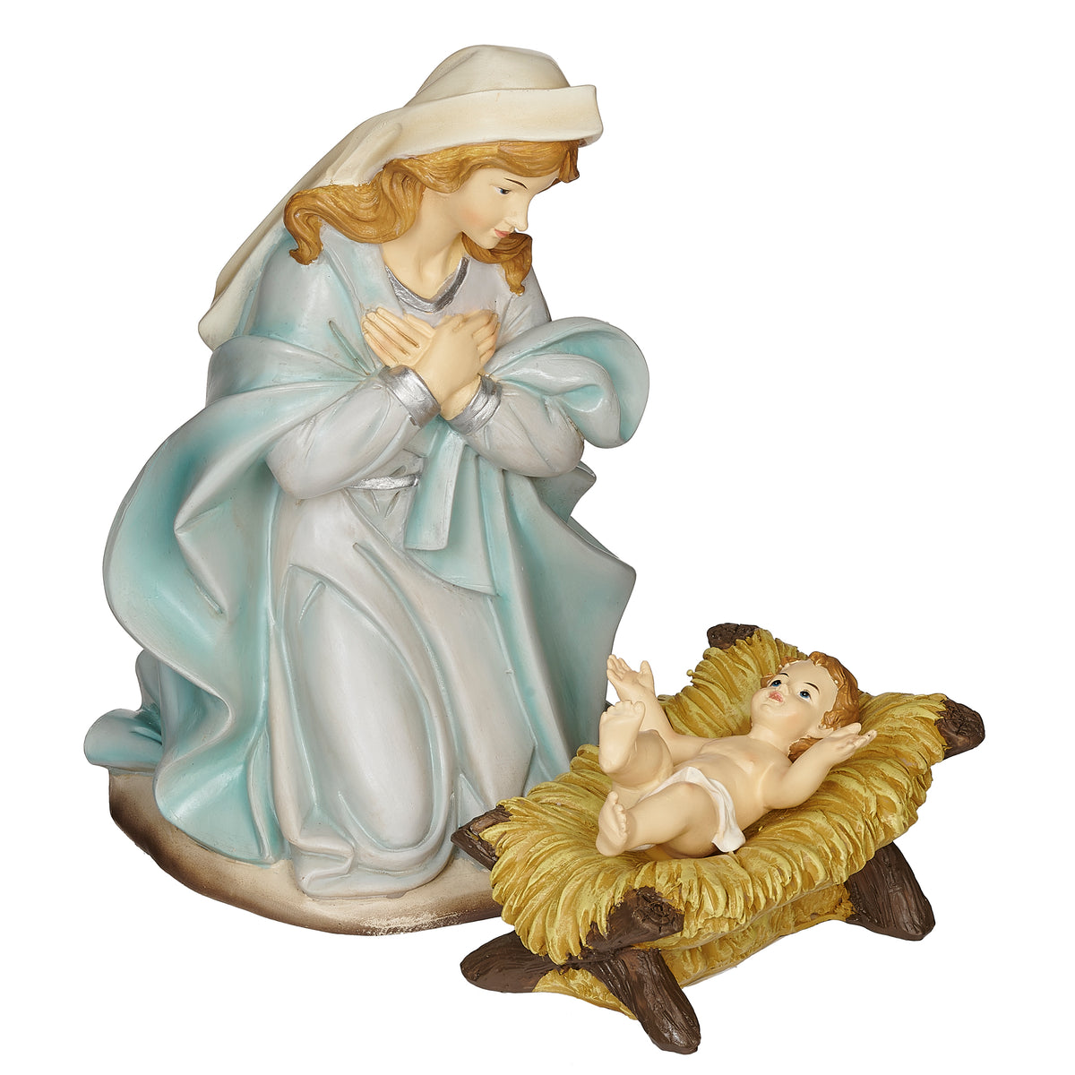 Mary kneeling beside Baby Jesus in celestial blue nativity set