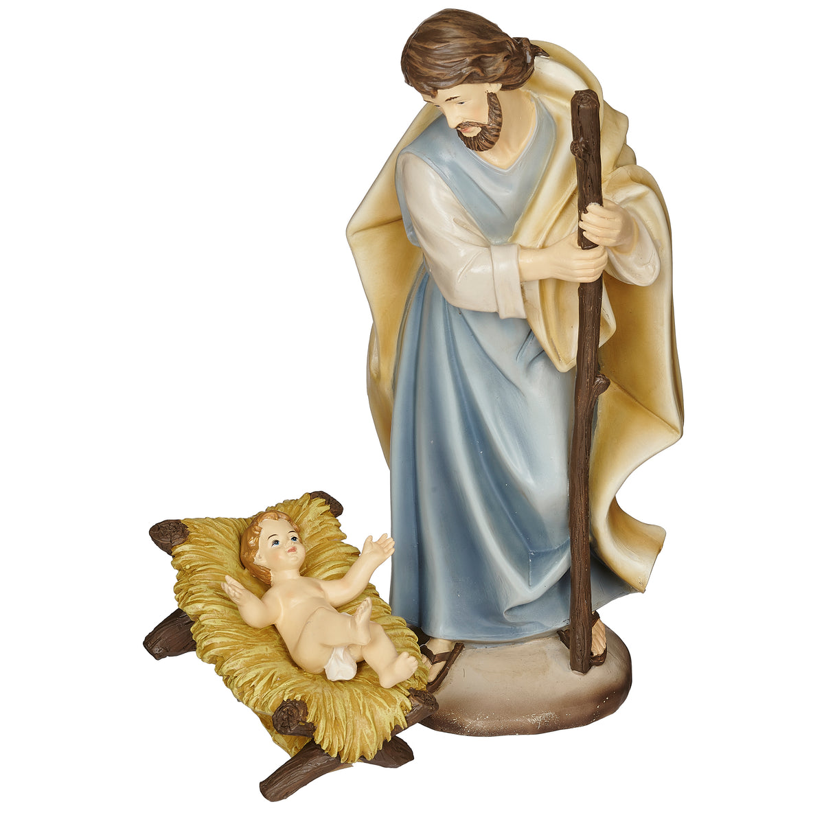 Joseph standing beside Baby Jesus in celestial blue nativity set