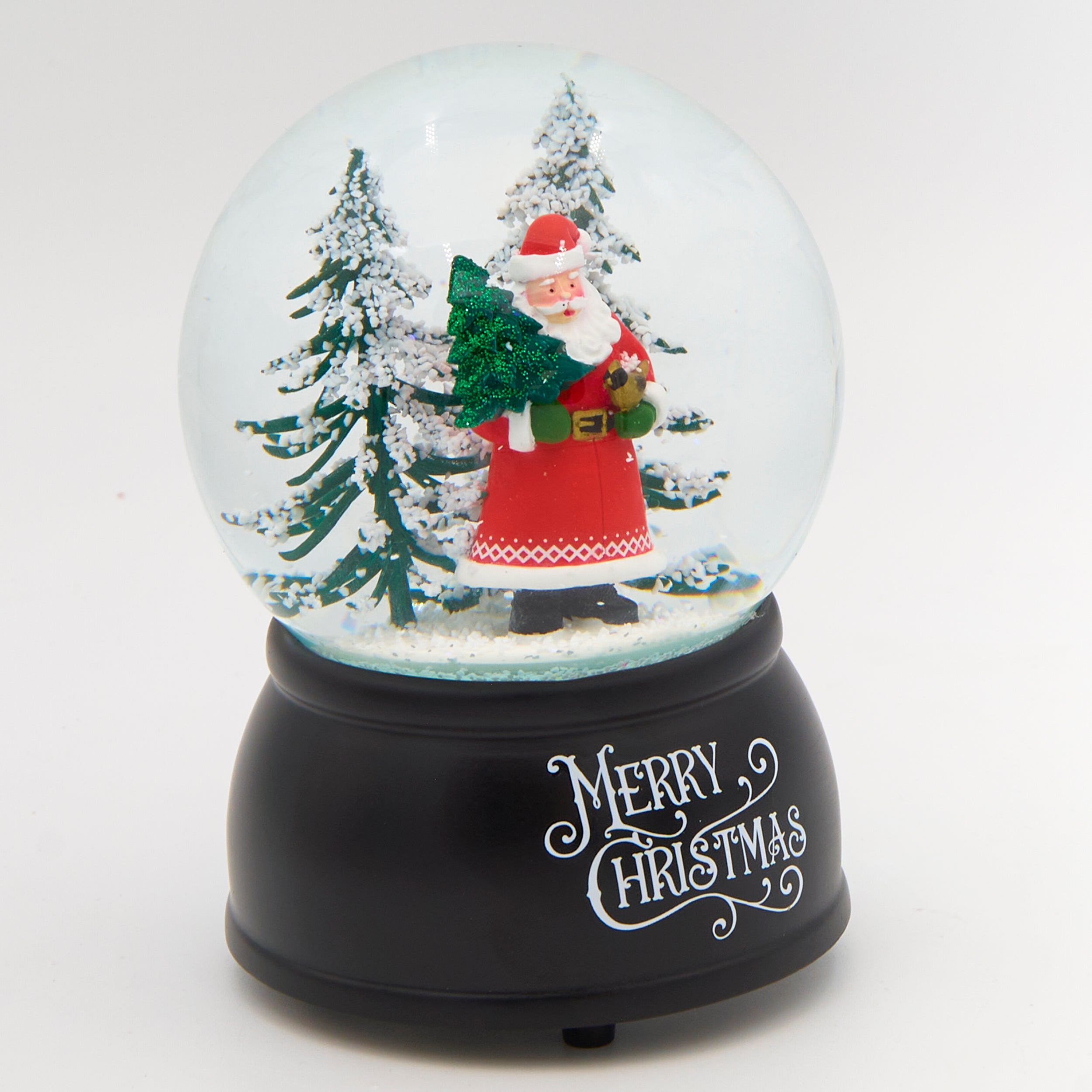 Glitterdome Musical Santa with Trees on a Black Base – "We Wish You a Merry Christmas" Tune