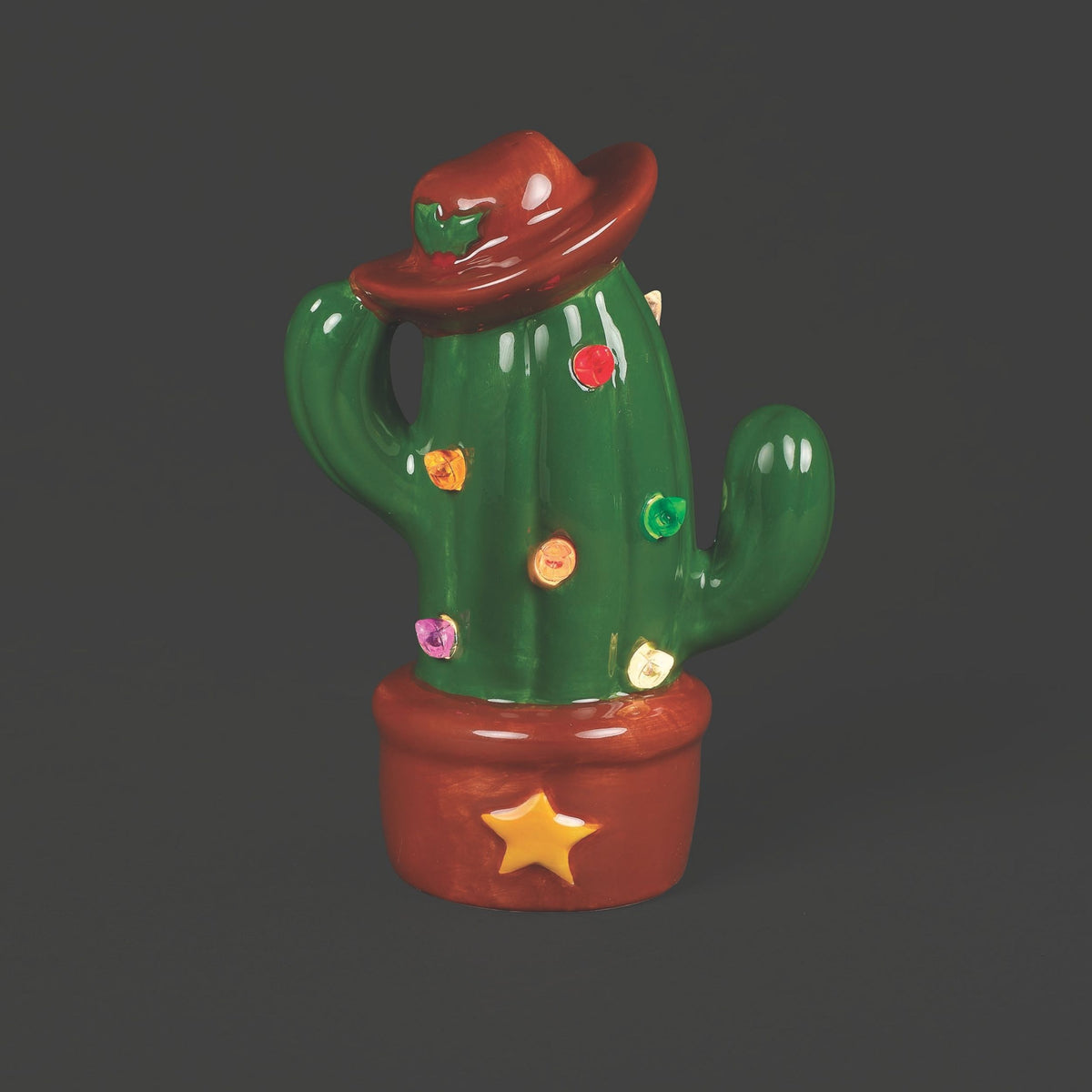 Lighted cactus figure with cowboy hat and colorful Christmas lights