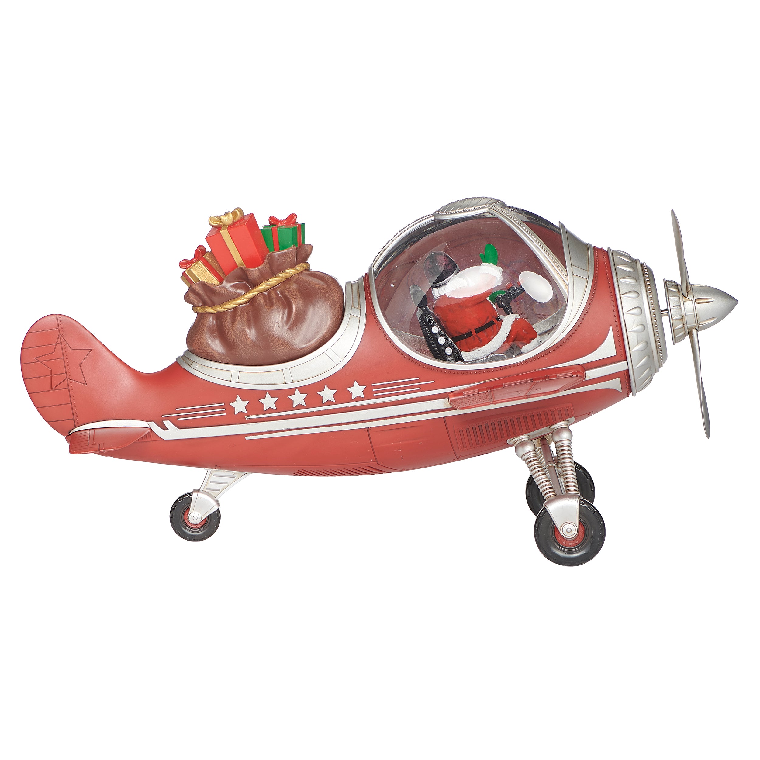 Red toy airplane with Santa Claus inside, carrying a sack of gifts on a white background