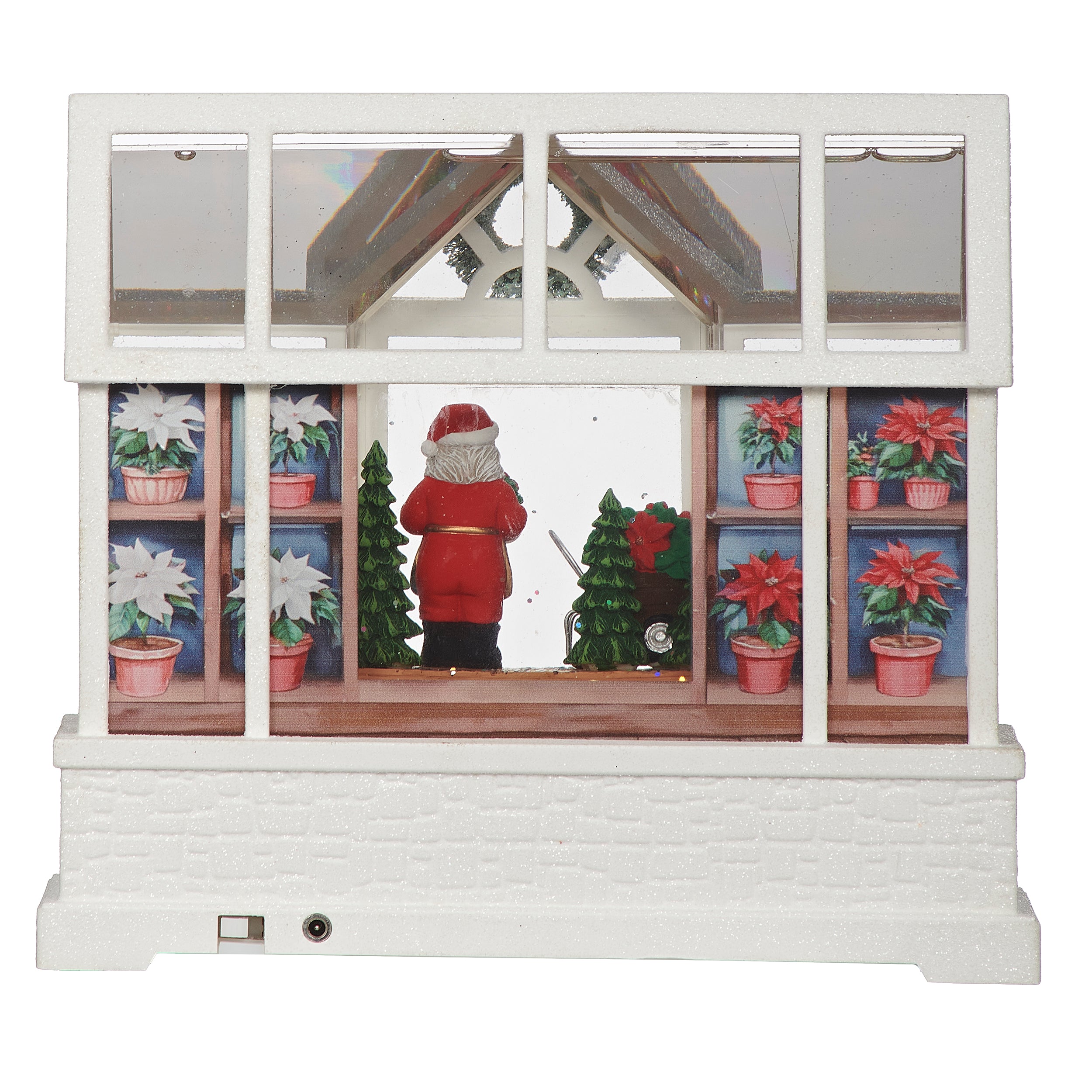 Animated window display with Santa Claus and Christmas plants on a white background
