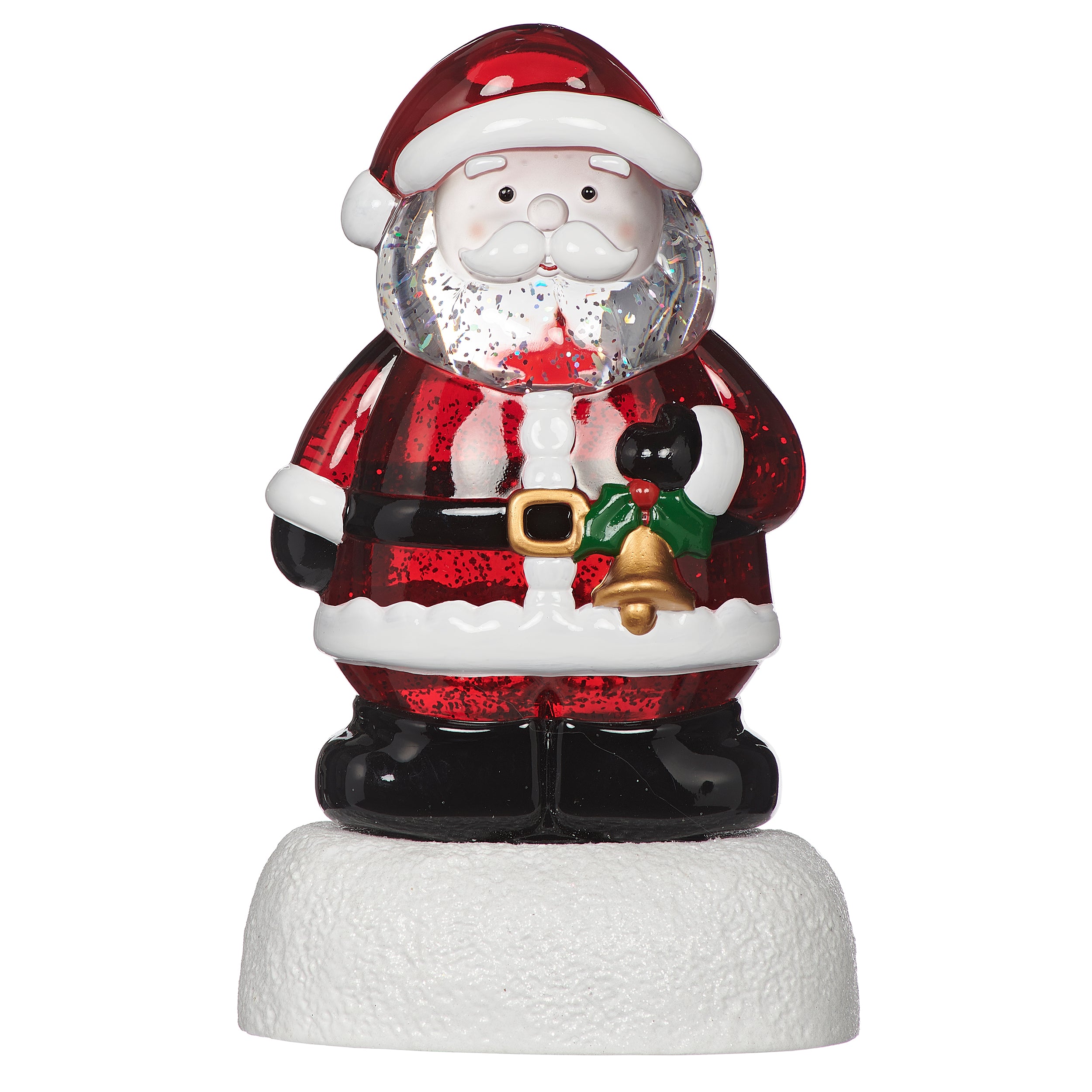 Santa Claus on a snow-like podium with sparkling glitter inside on white background