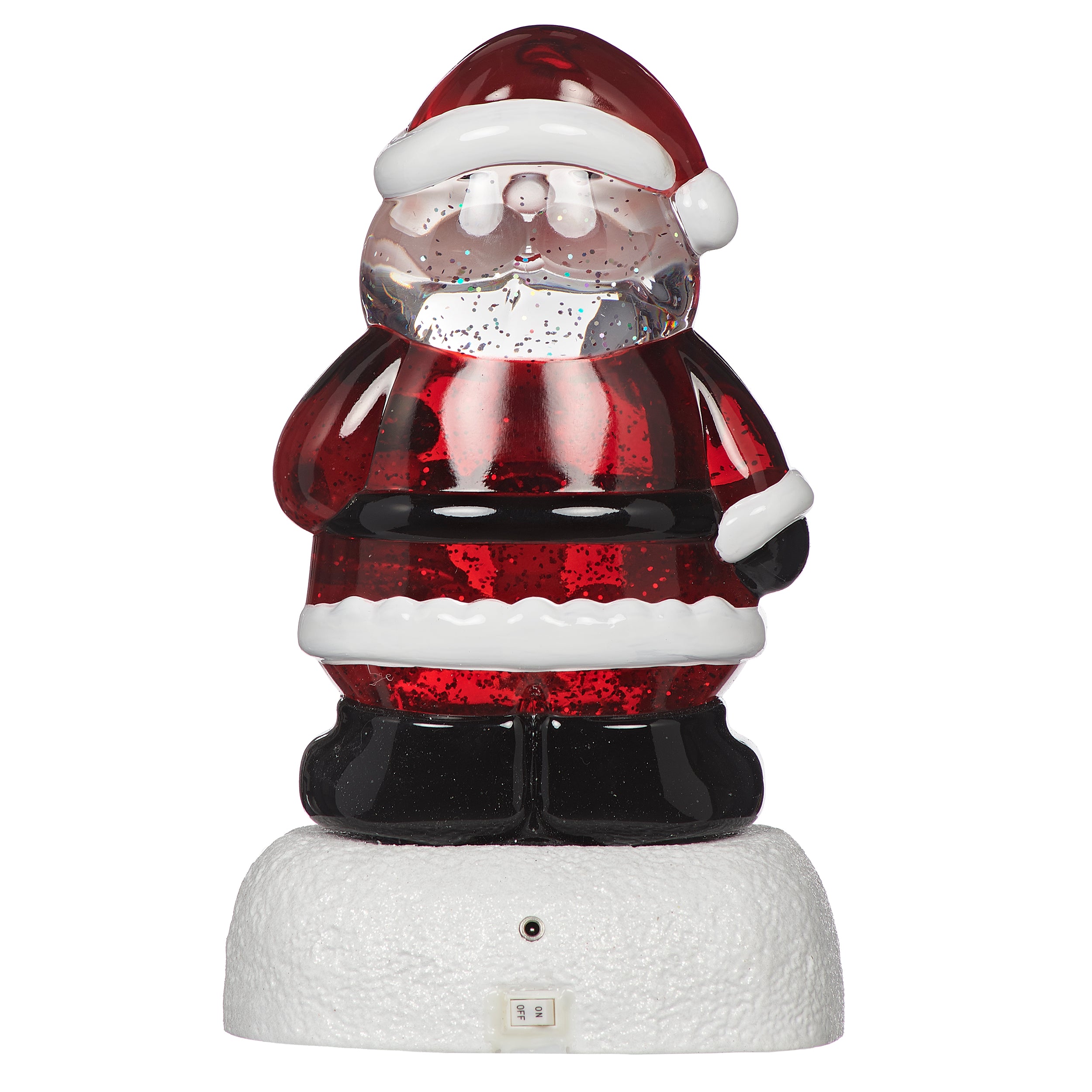 Santa Claus on a snow-like podium with sparkling glitter inside on white background