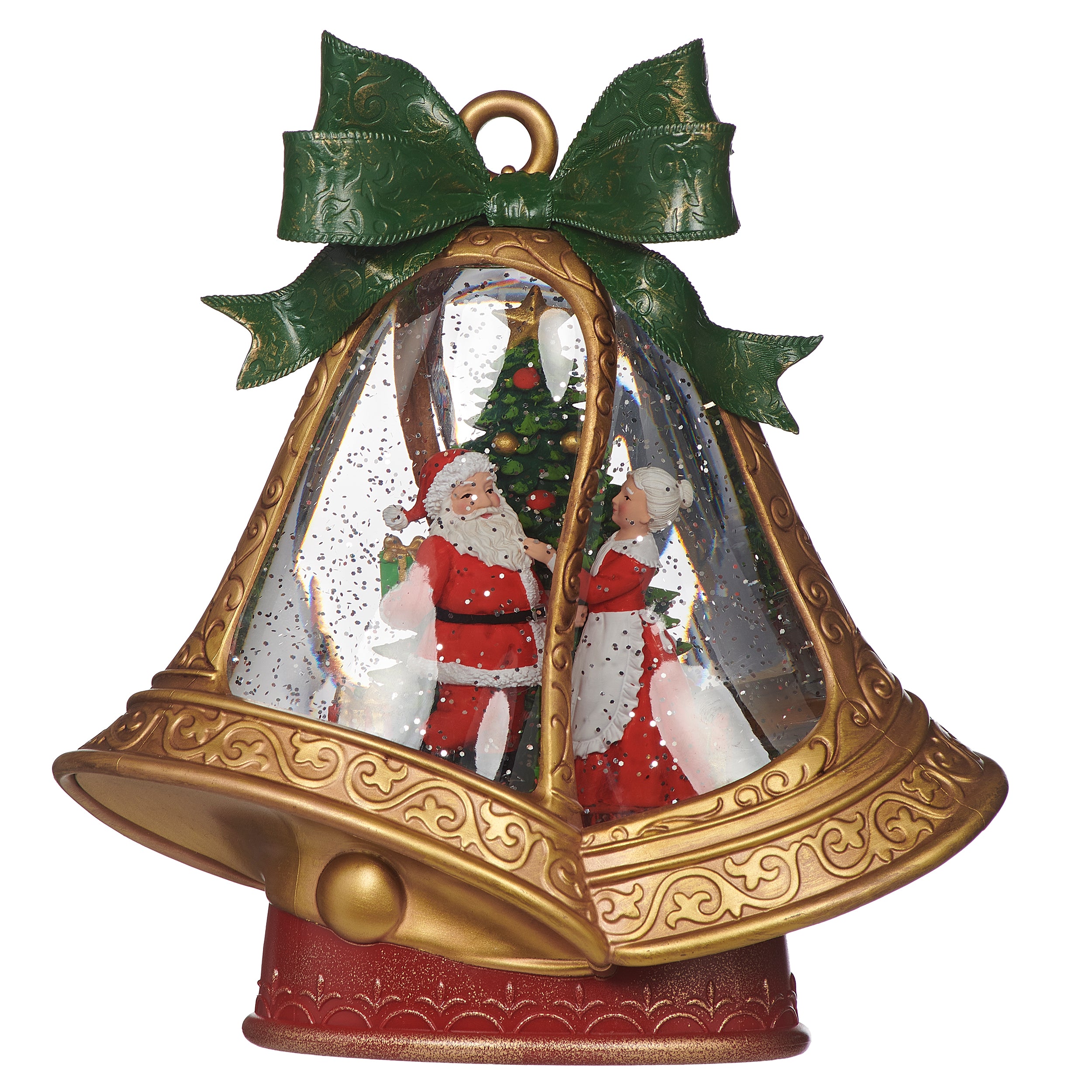 Decorative Christmas bell with Santa Claus and Mrs. Claus inside, on a white background