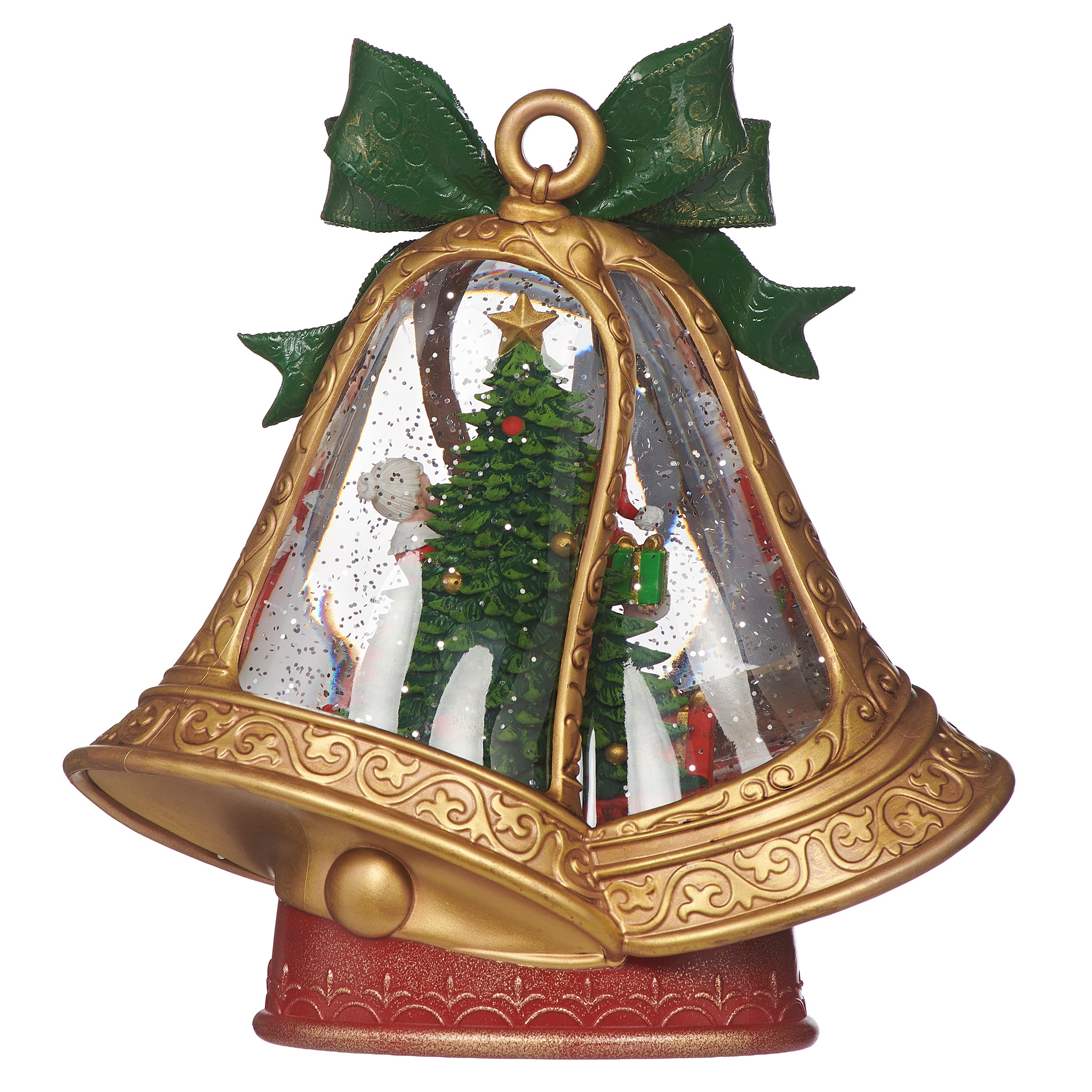 Decorative Christmas bell with Santa Claus and Mrs. Claus inside, on a white background