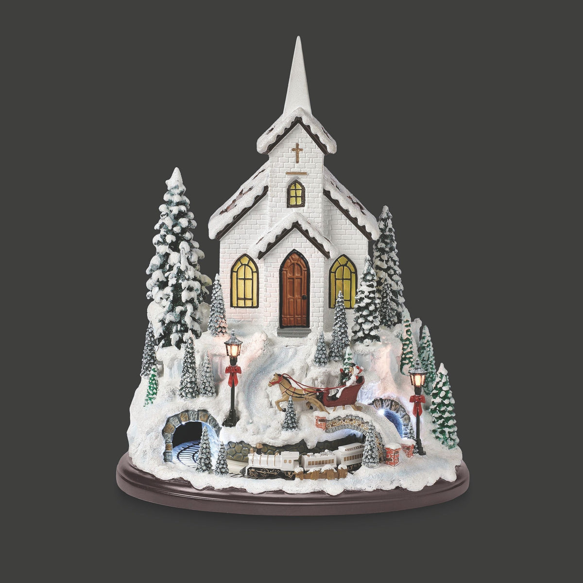 Amusements Lighted Musical Church Snowy Mountain Scene with Rotating Train