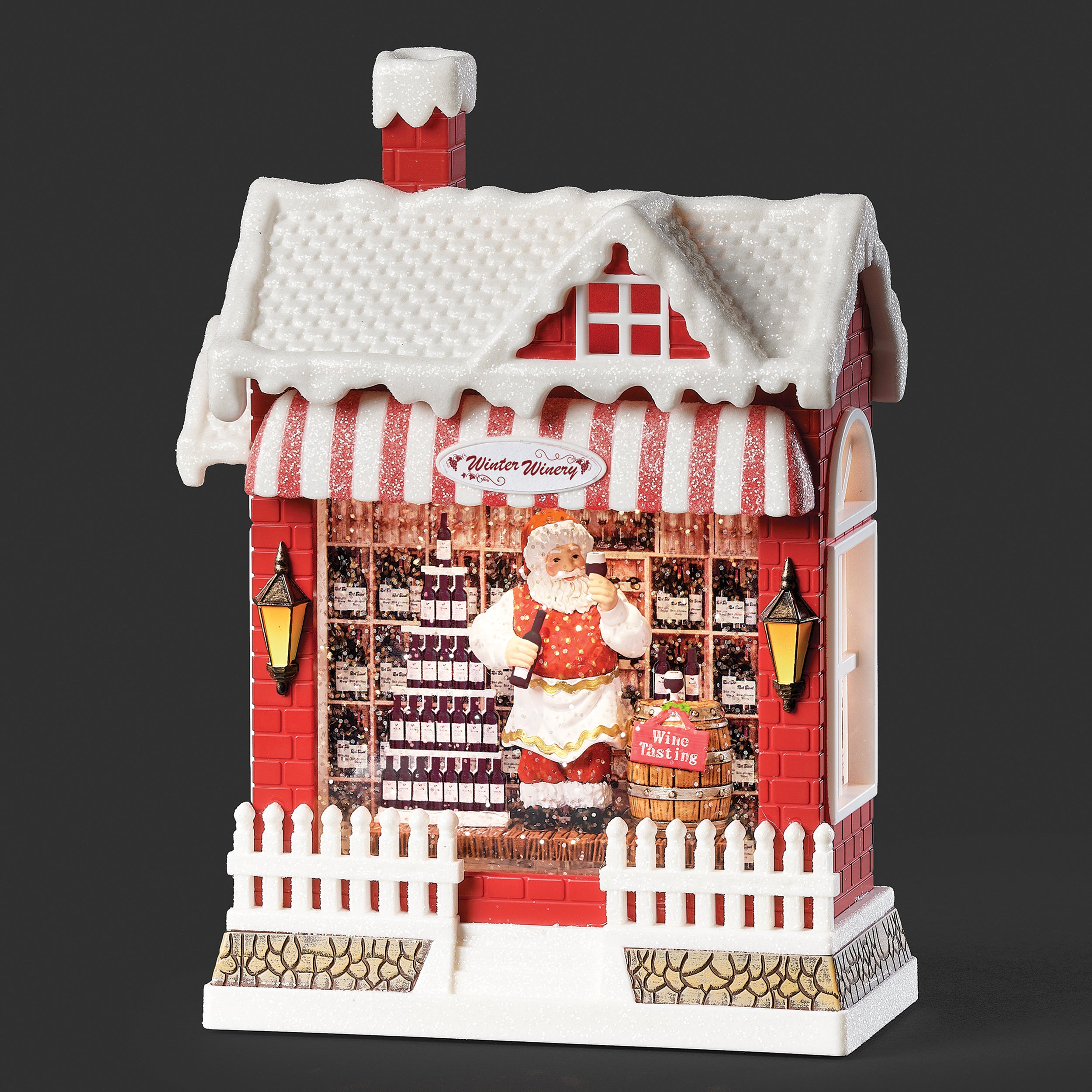 Decorative Christmas winery with a Santa Claus figure inside, on a black background.