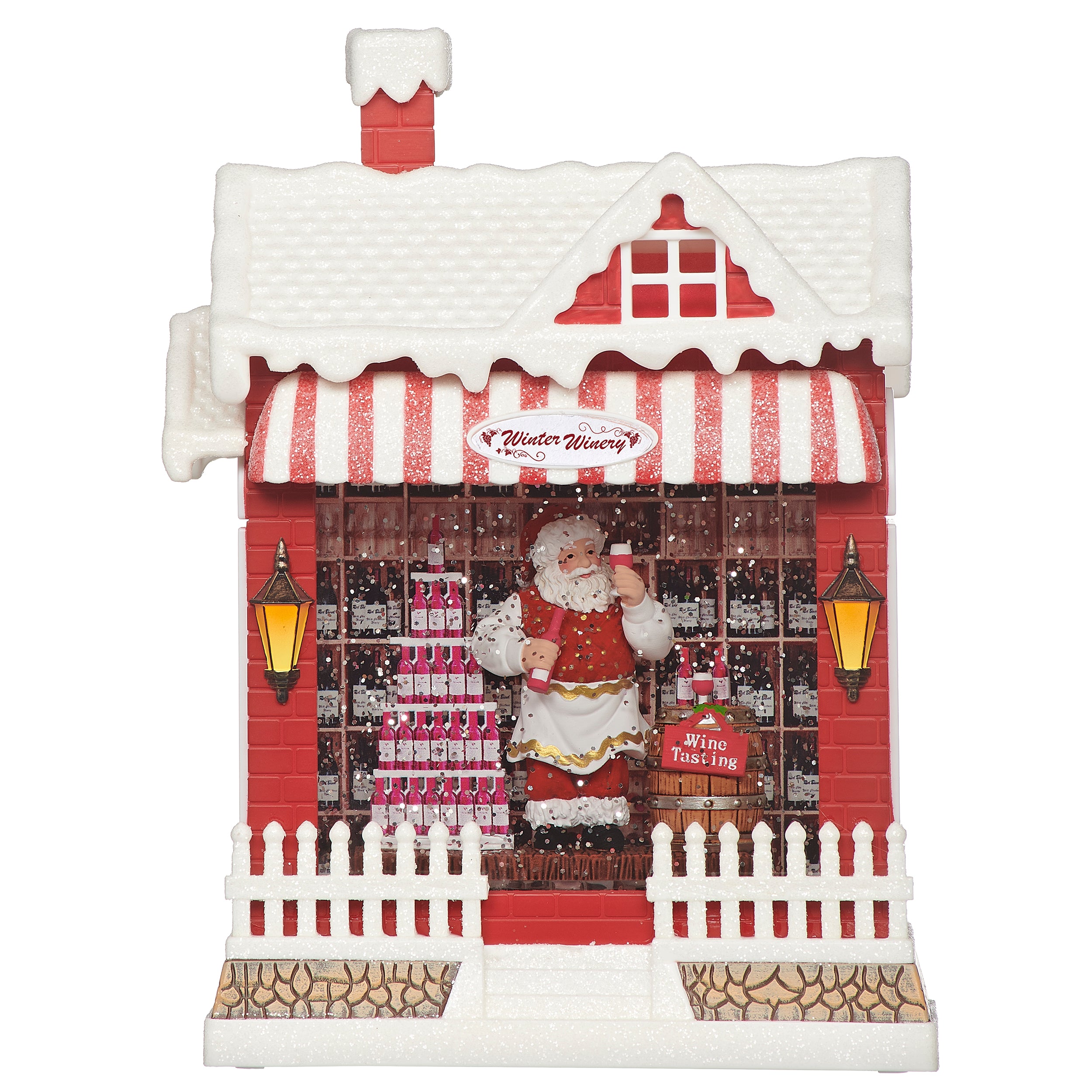 Decorative Christmas village house with Santa Claus inside a store, featuring 'Winter Winery'.