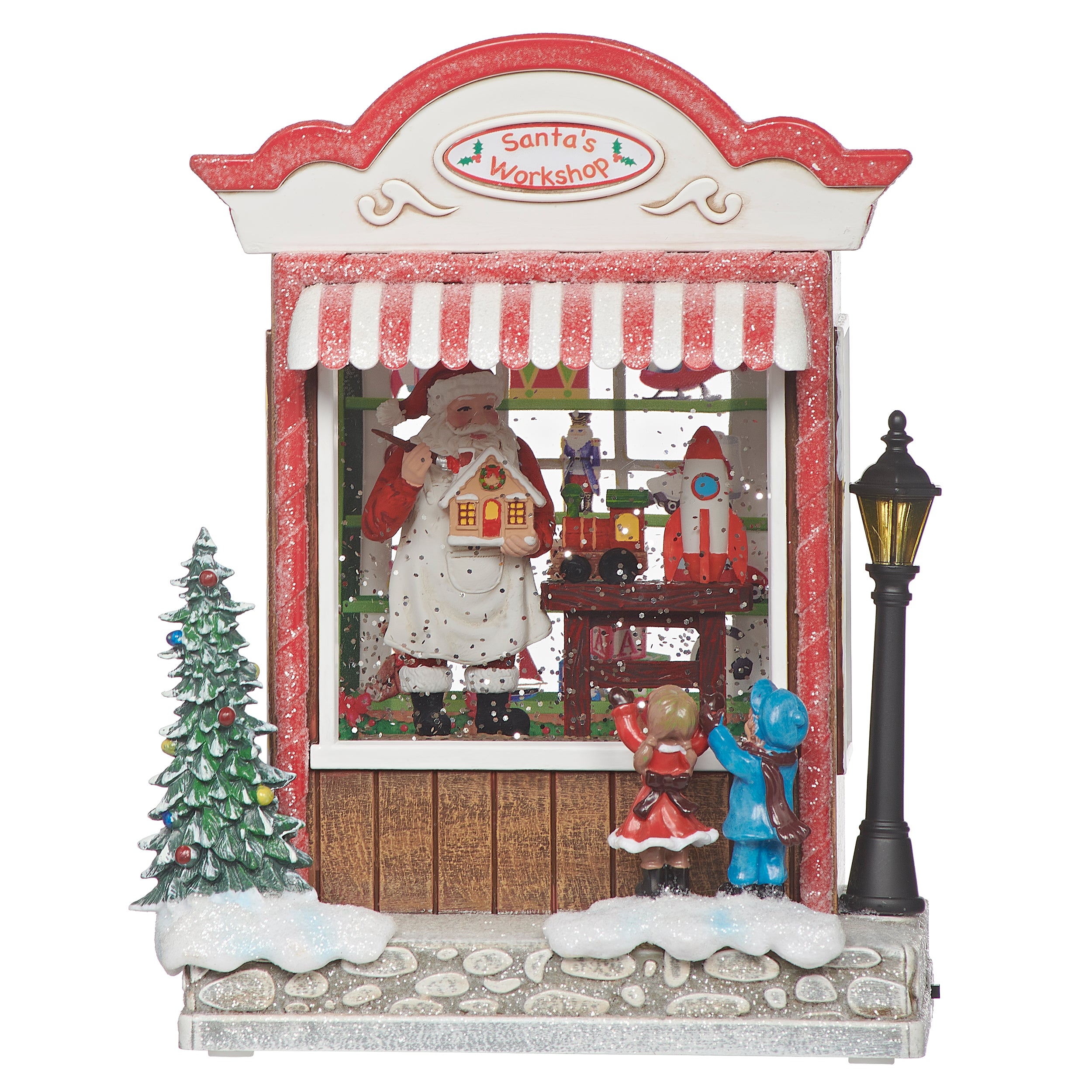 Decorative scene of Santa's Workshop with animated figures on a white background