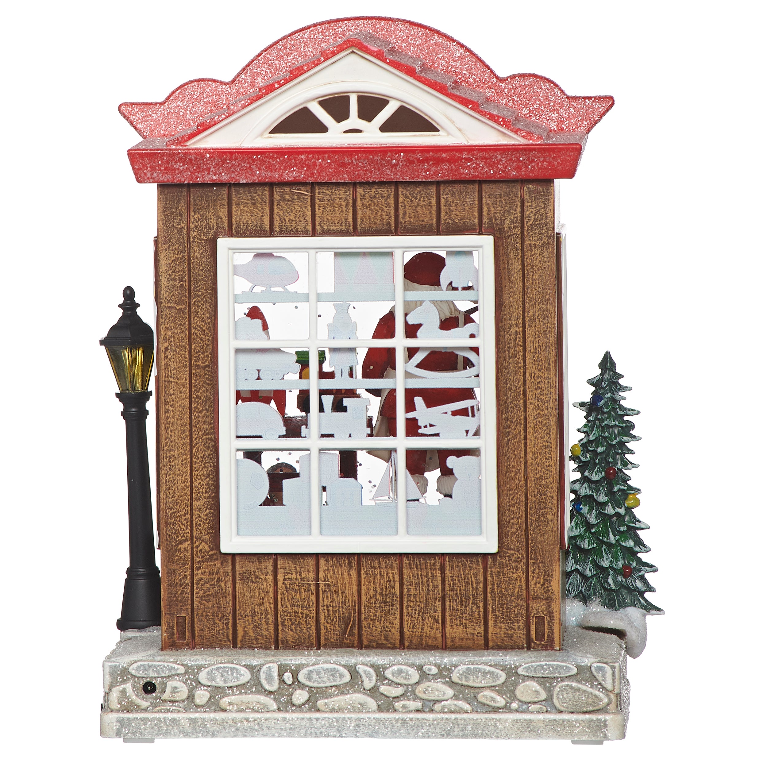 Decorative winter scene with a small building, tree, and street lamp on a white background