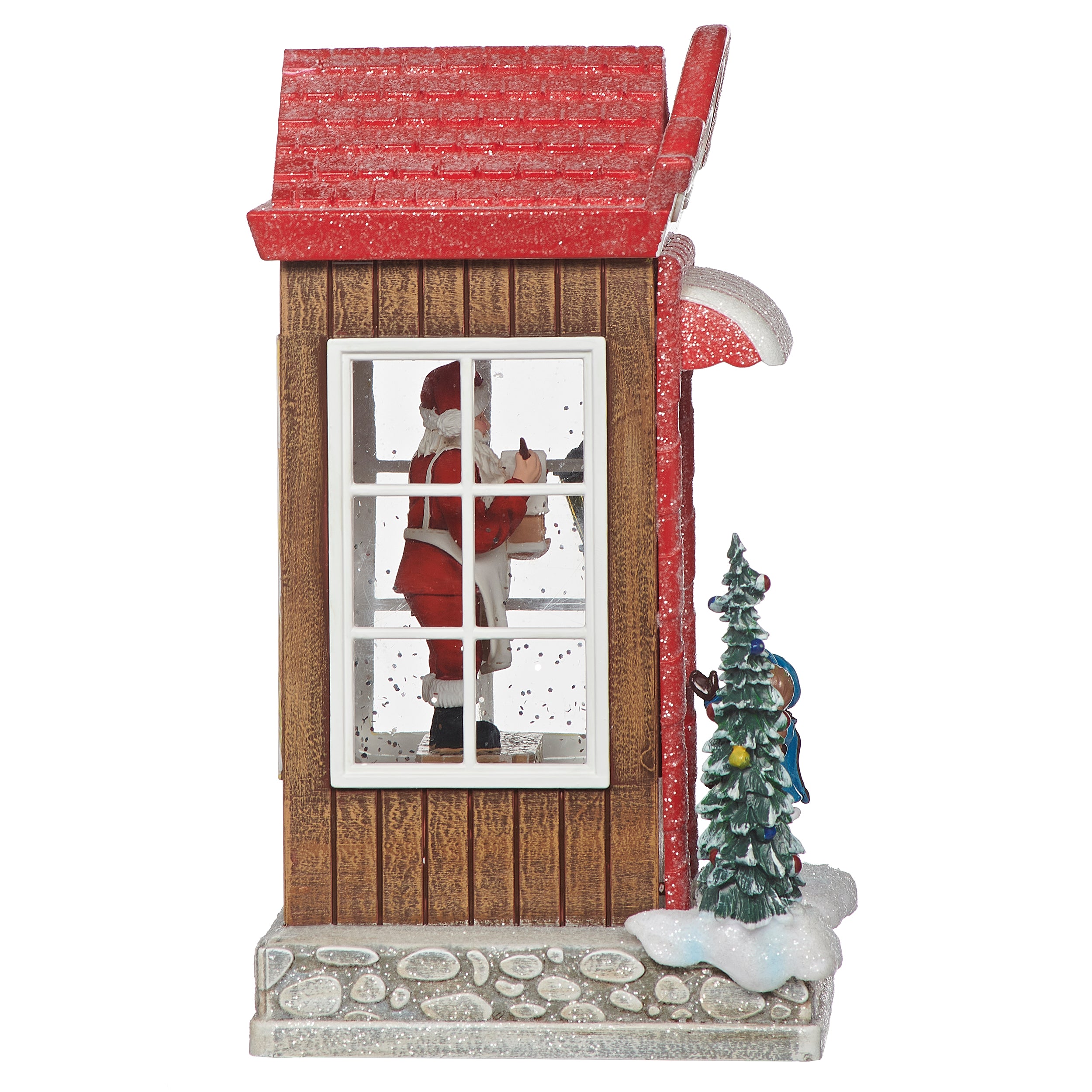 Decorative scene with a cabin, Santa Claus figure, and Christmas tree on a white background