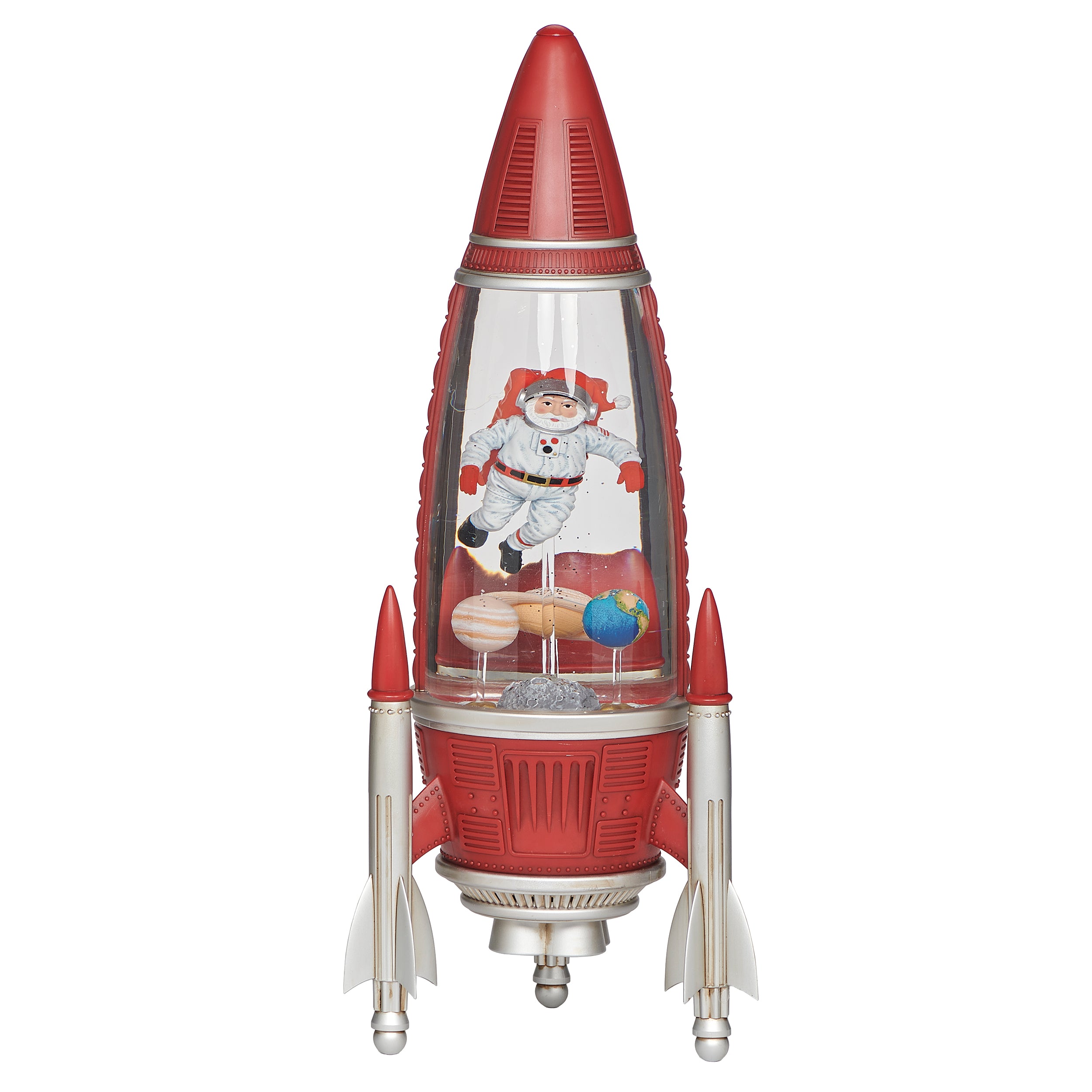 Red rocket-shaped lamp with  Santa astronaut and space elements on a white background