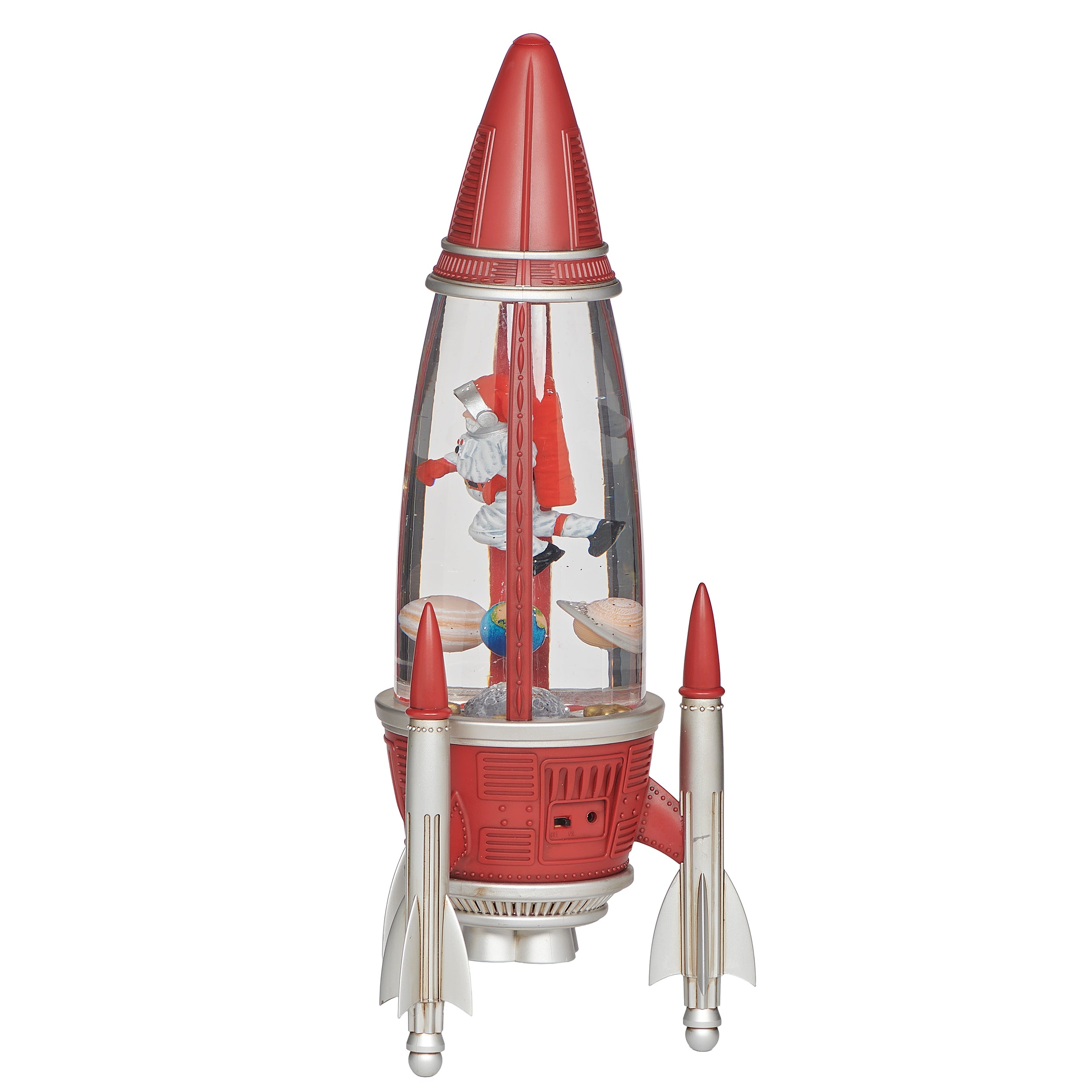 Red rocket-shaped lamp with  Santa astronaut and space elements on a white background