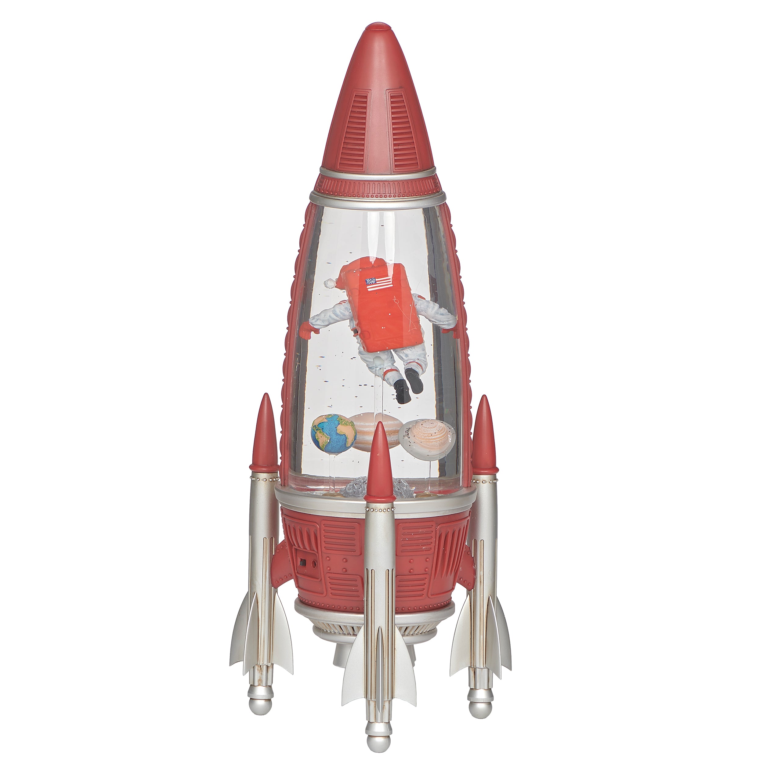 Red rocket-shaped lamp with  Santa astronaut and space elements on a white background