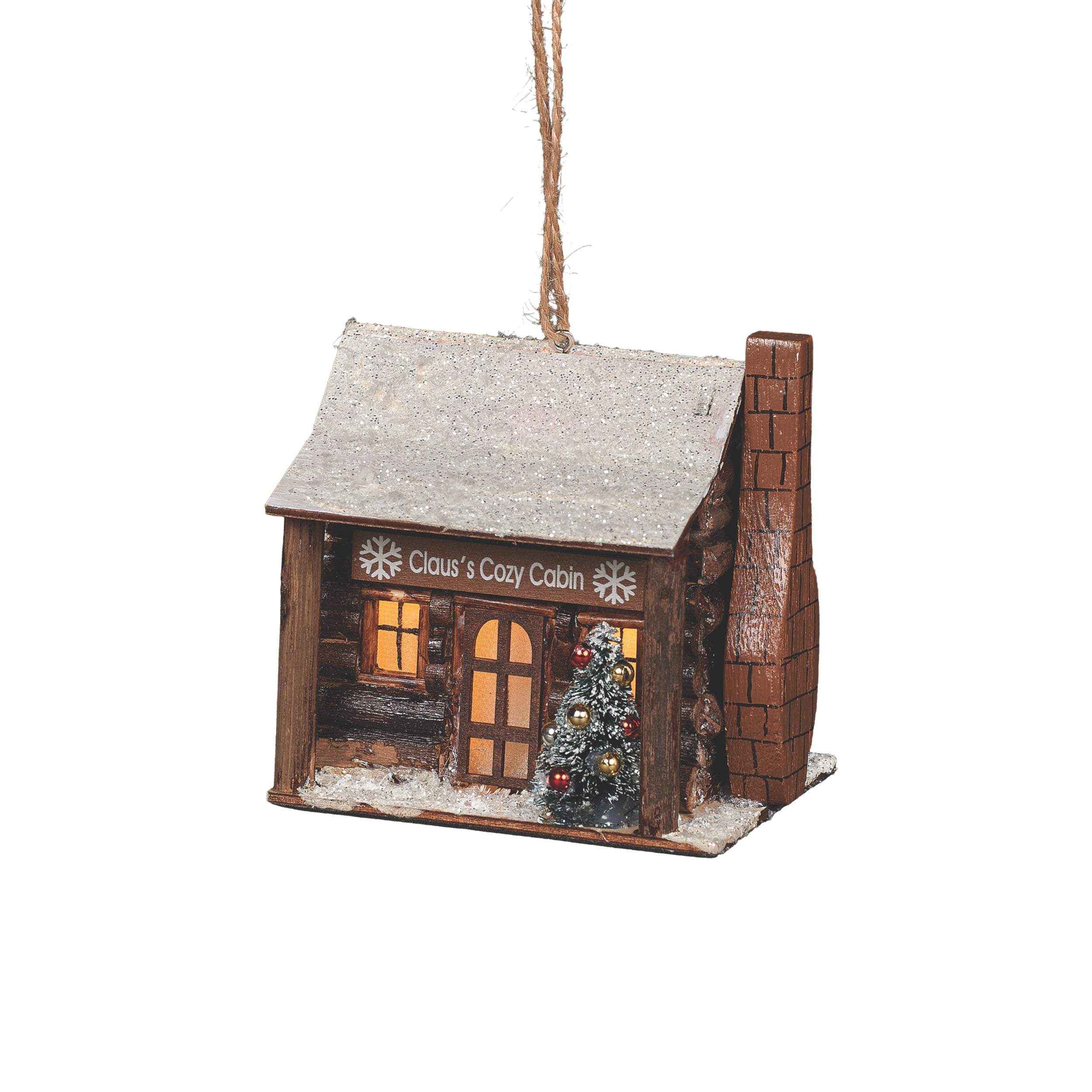 Decorative cabin ornament with a Christmas tree and 'Claus's Cozy Cabin' text on a white background.