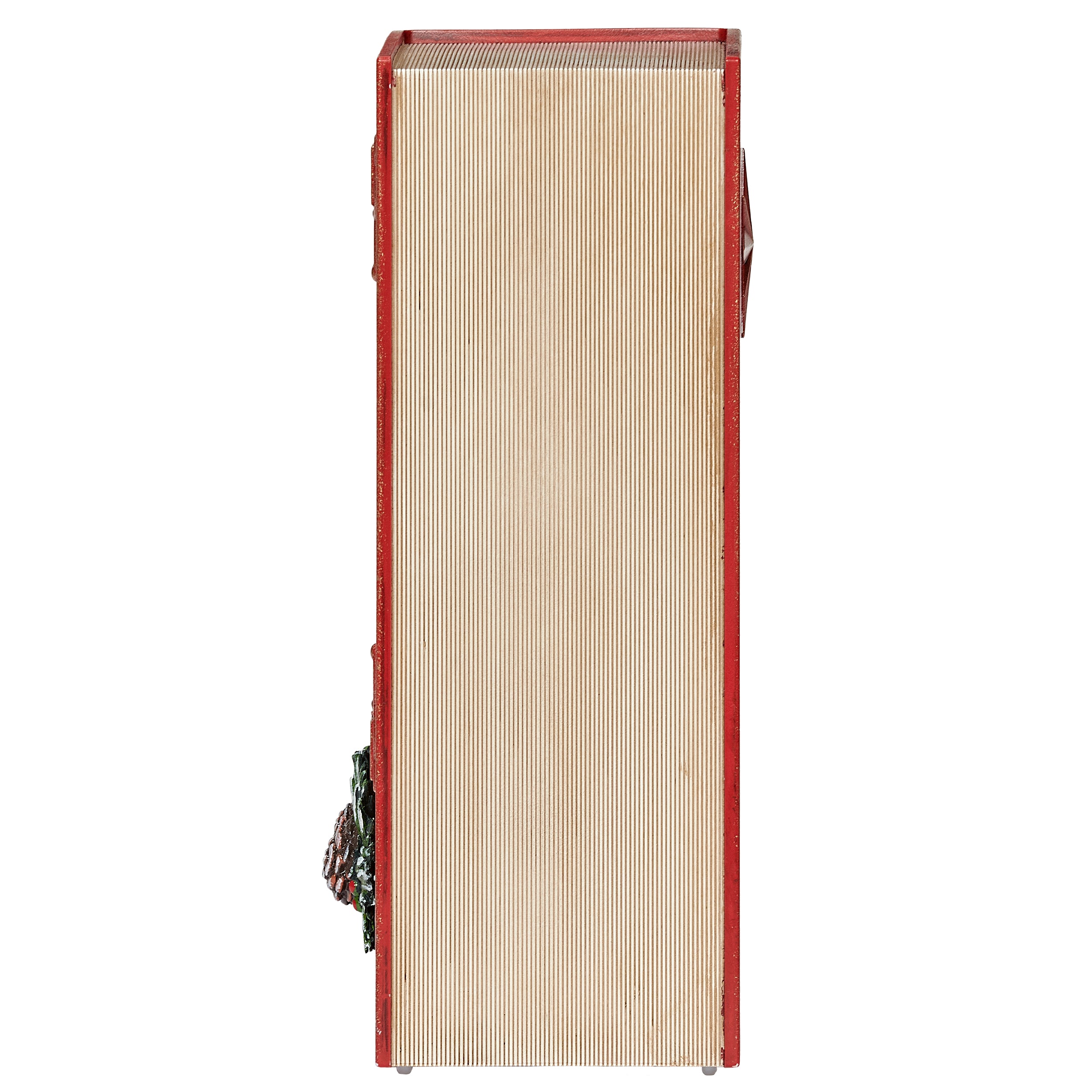 Book-shaped object with red binding and beige pages on a white background