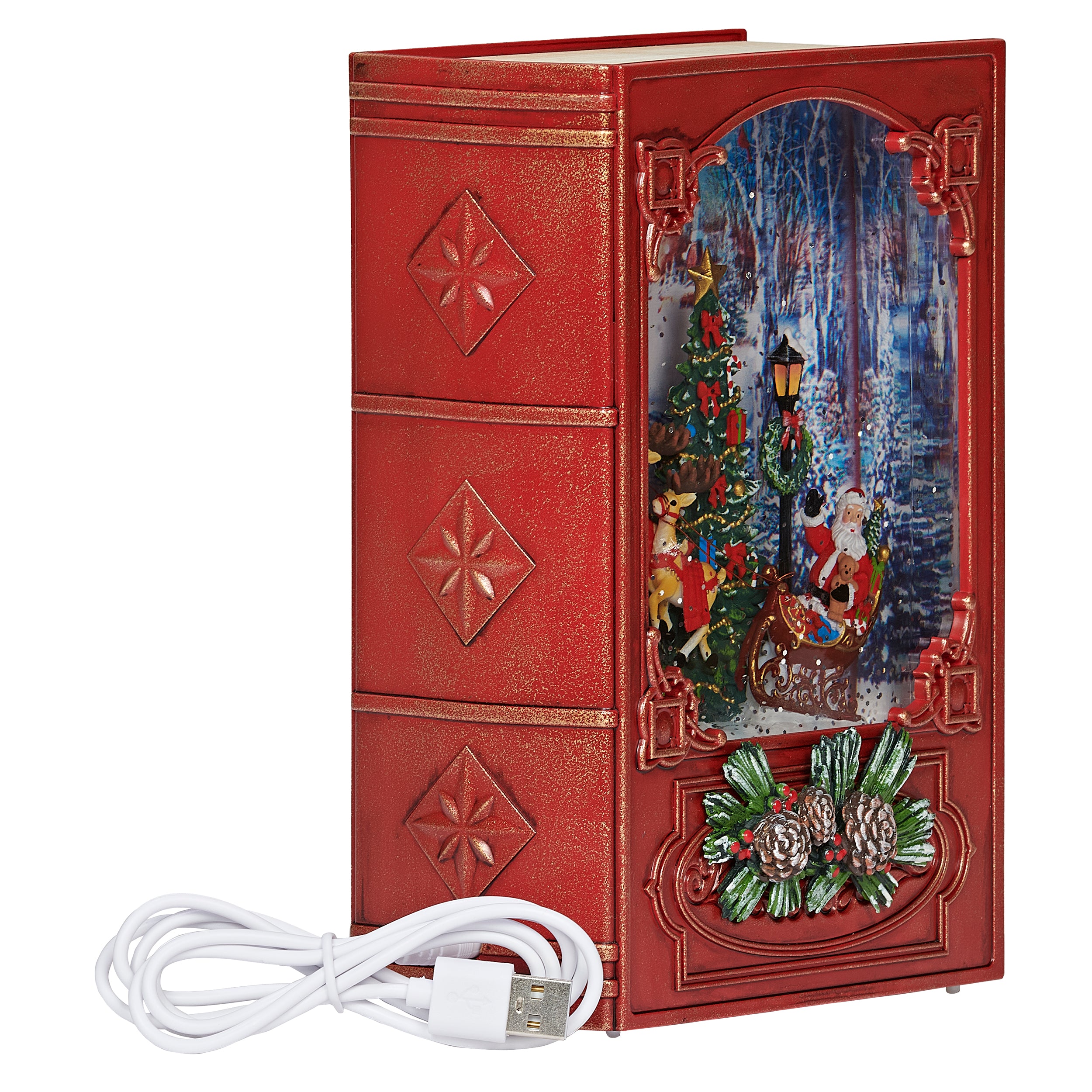 Decorative red book with USB cable on a white background