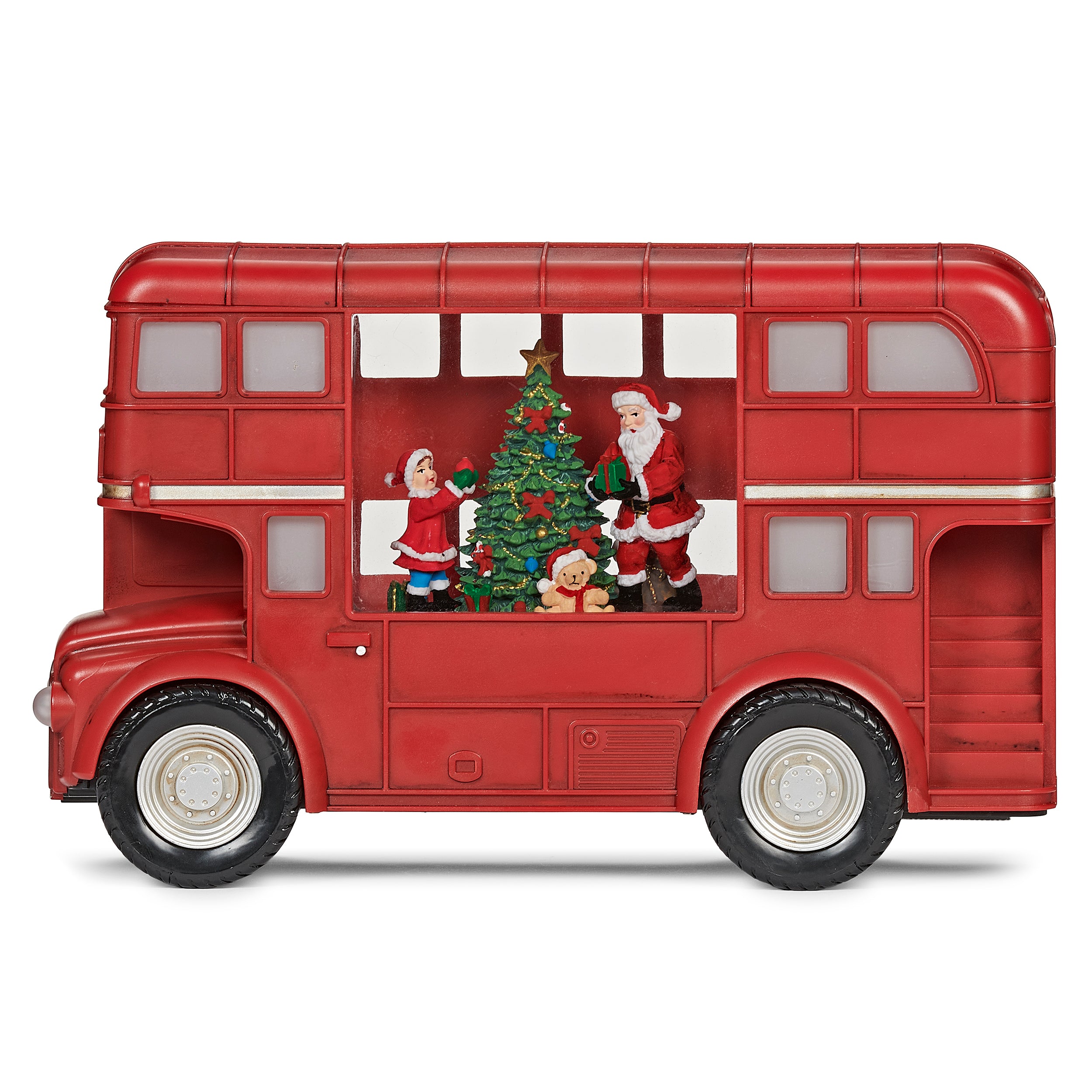 Red double-decker bus with Christmas decorations on a white background