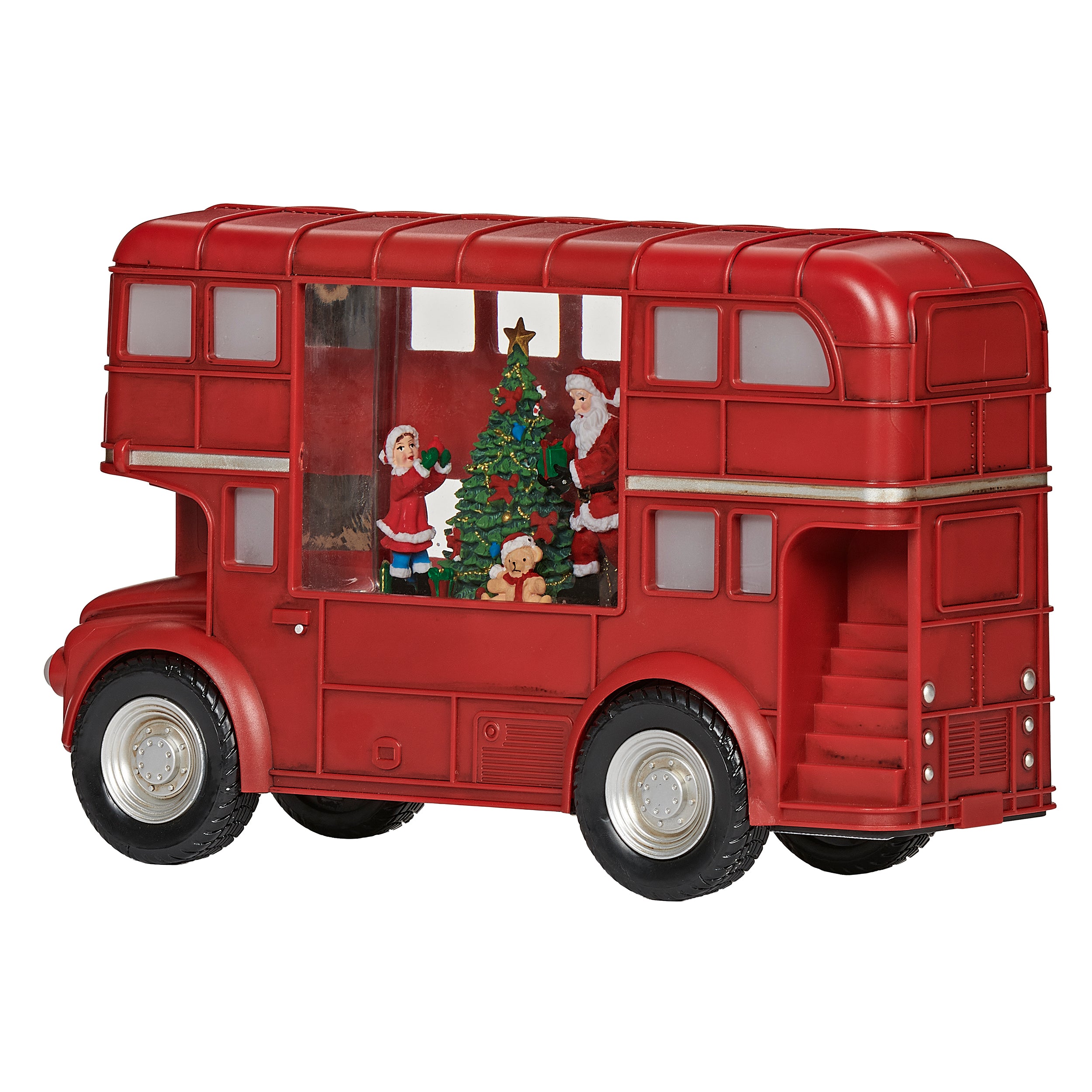 Red double-decker bus with Christmas decorations on a white background