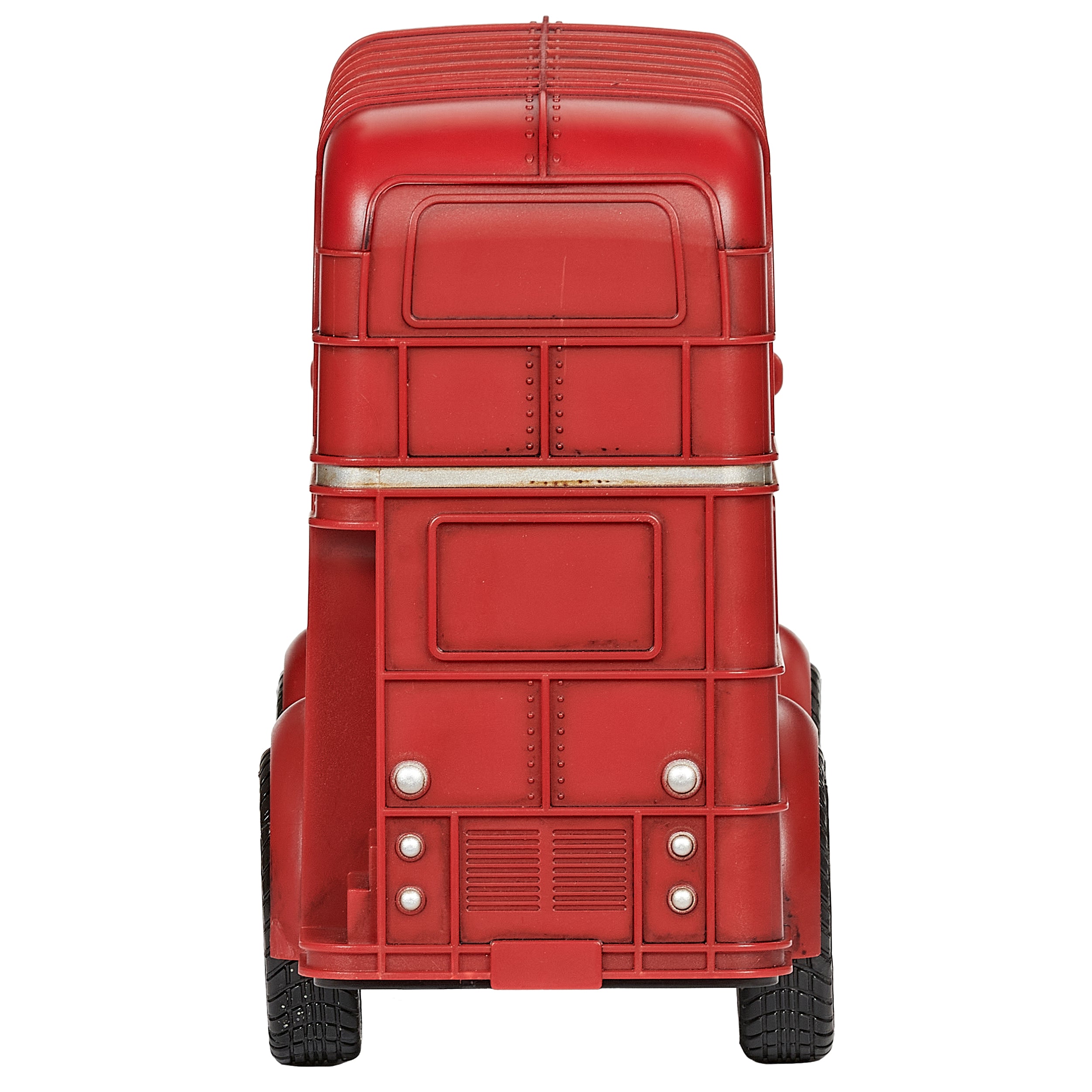 Red double-decker bus with Christmas decorations on a white background