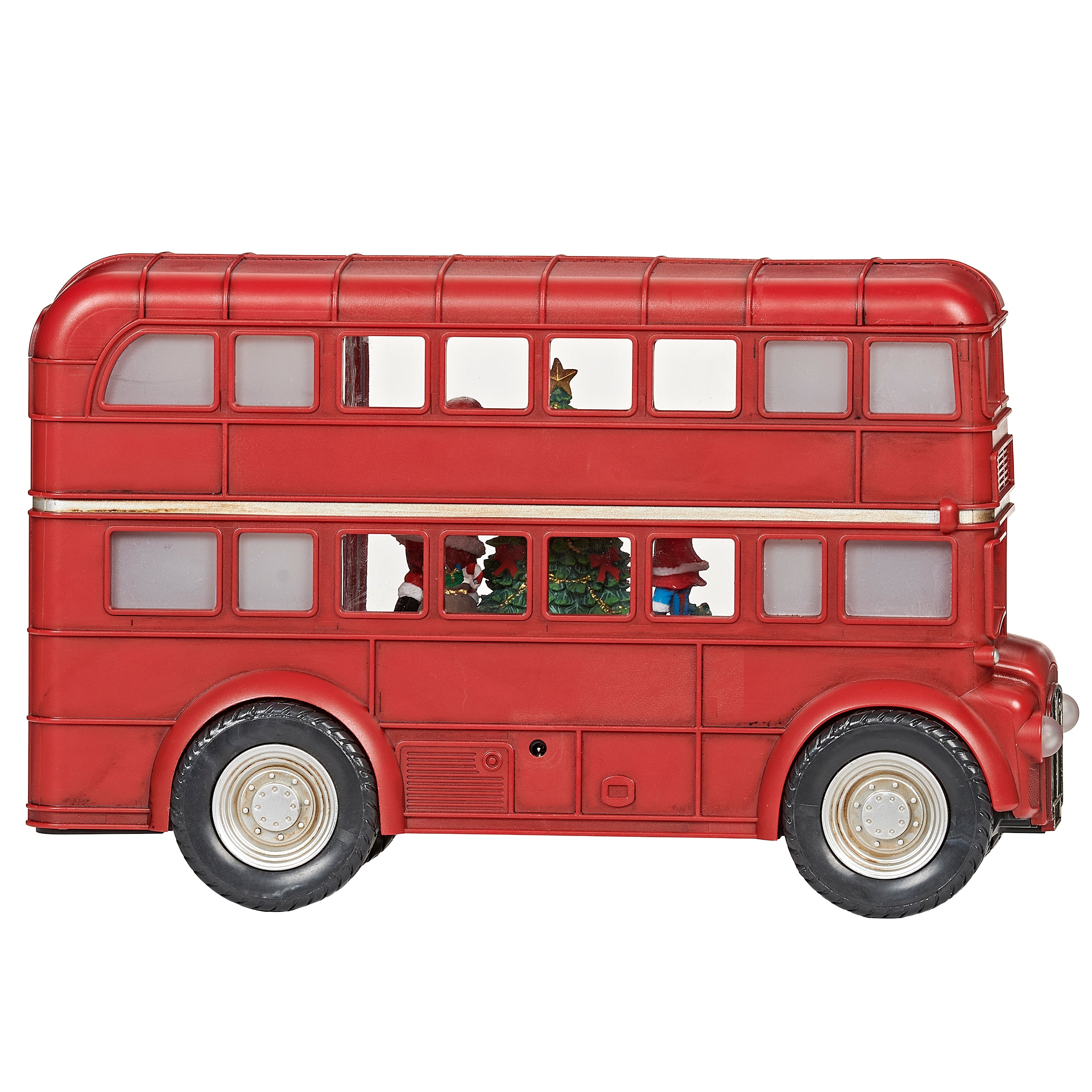 Red double-decker bus with Christmas decorations on a white background