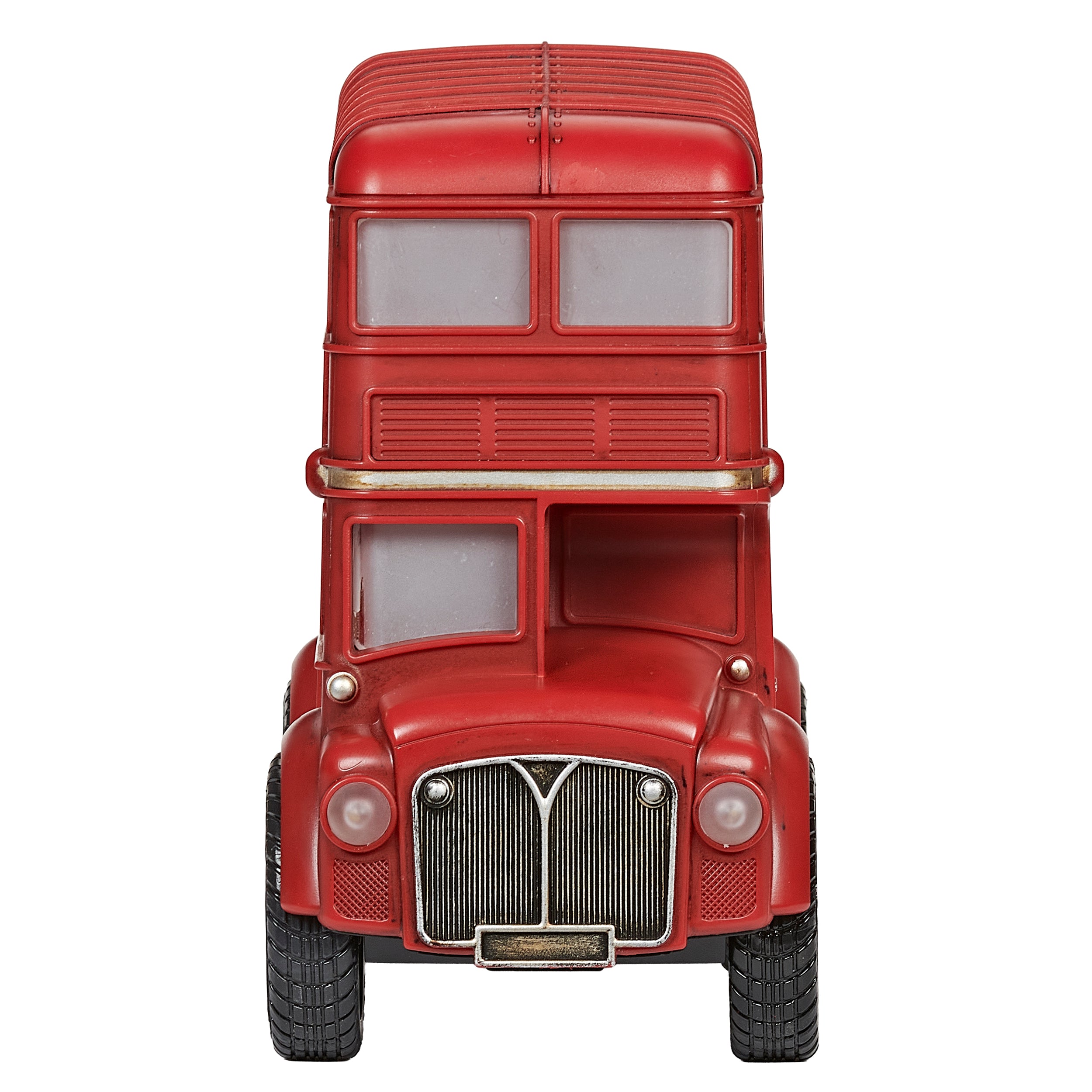 Red double-decker bus with Christmas decorations on a white background