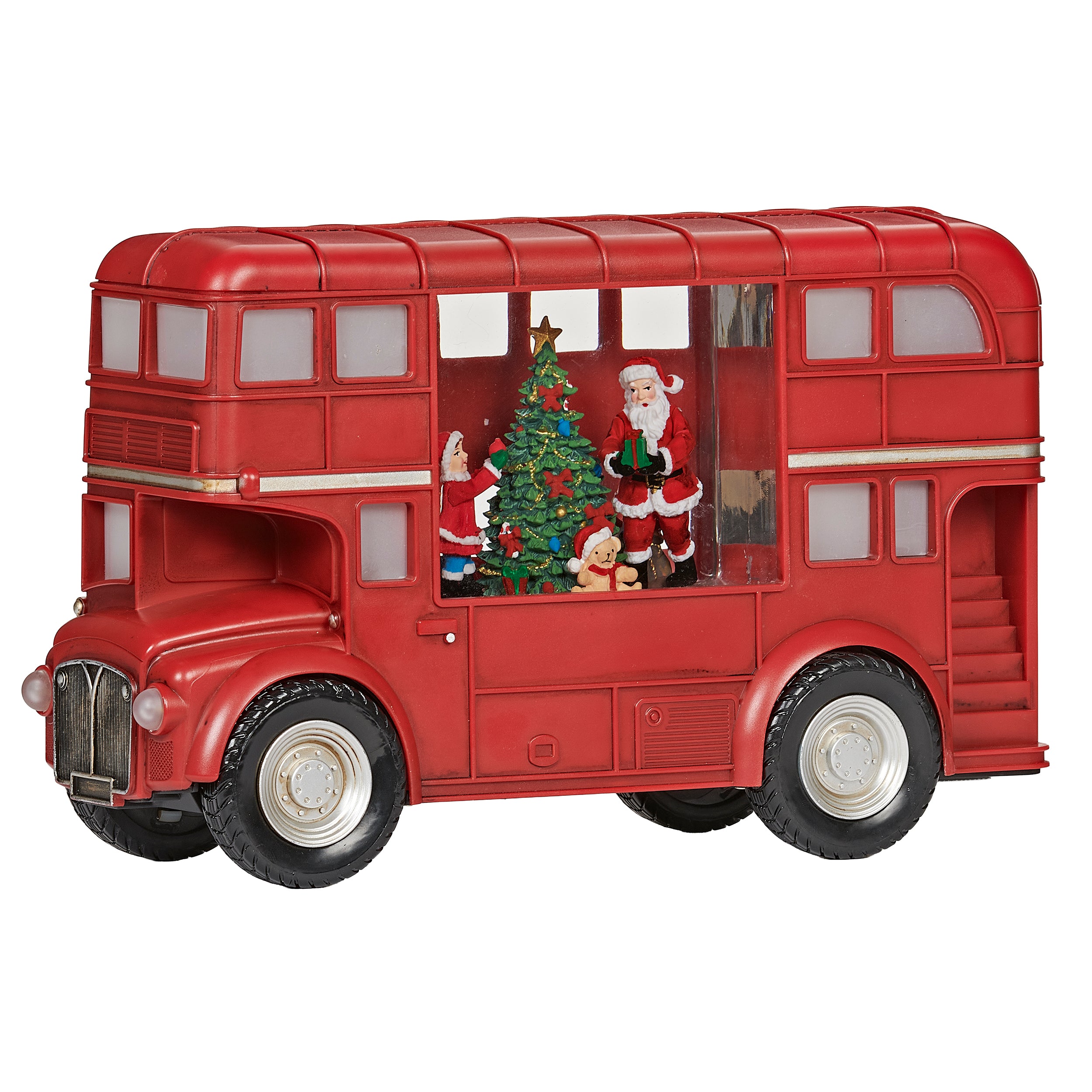 Red double-decker bus with Santa Claus and Christmas decorations on a white background