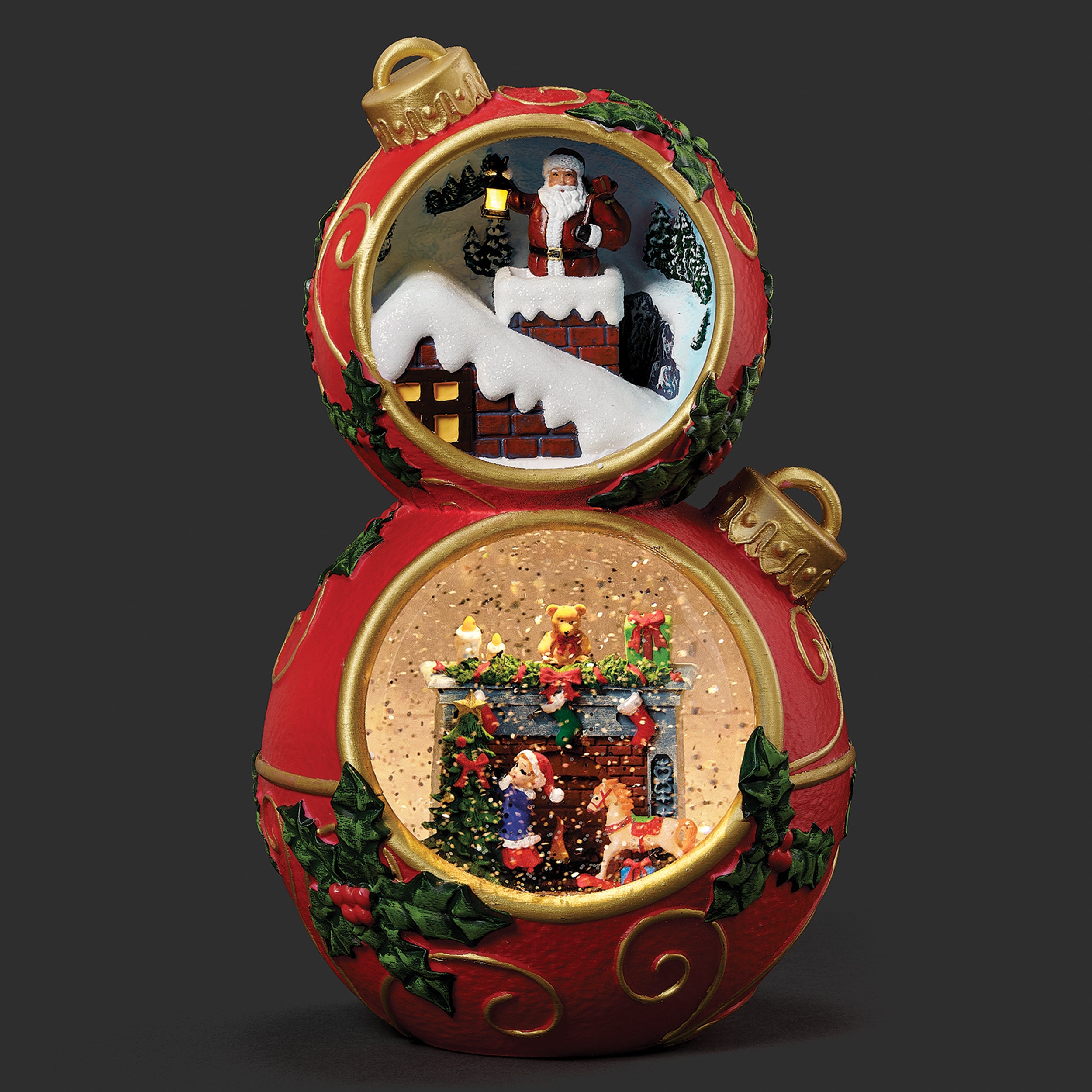 Decorative Christmas ornament with scenes of Santa Claus and children on a dark background