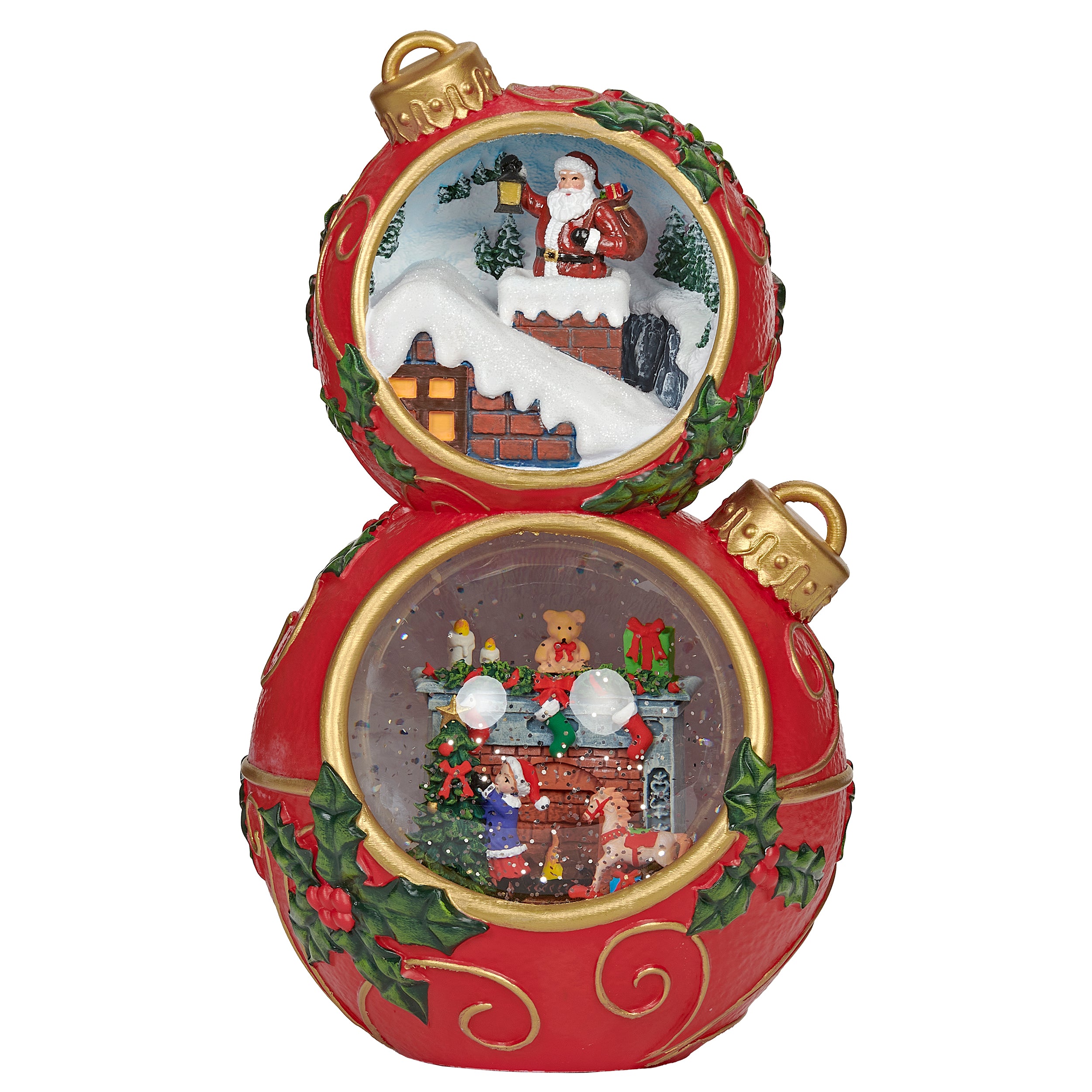 Decorative Christmas ornament with two scenes of Santa Claus on a white background