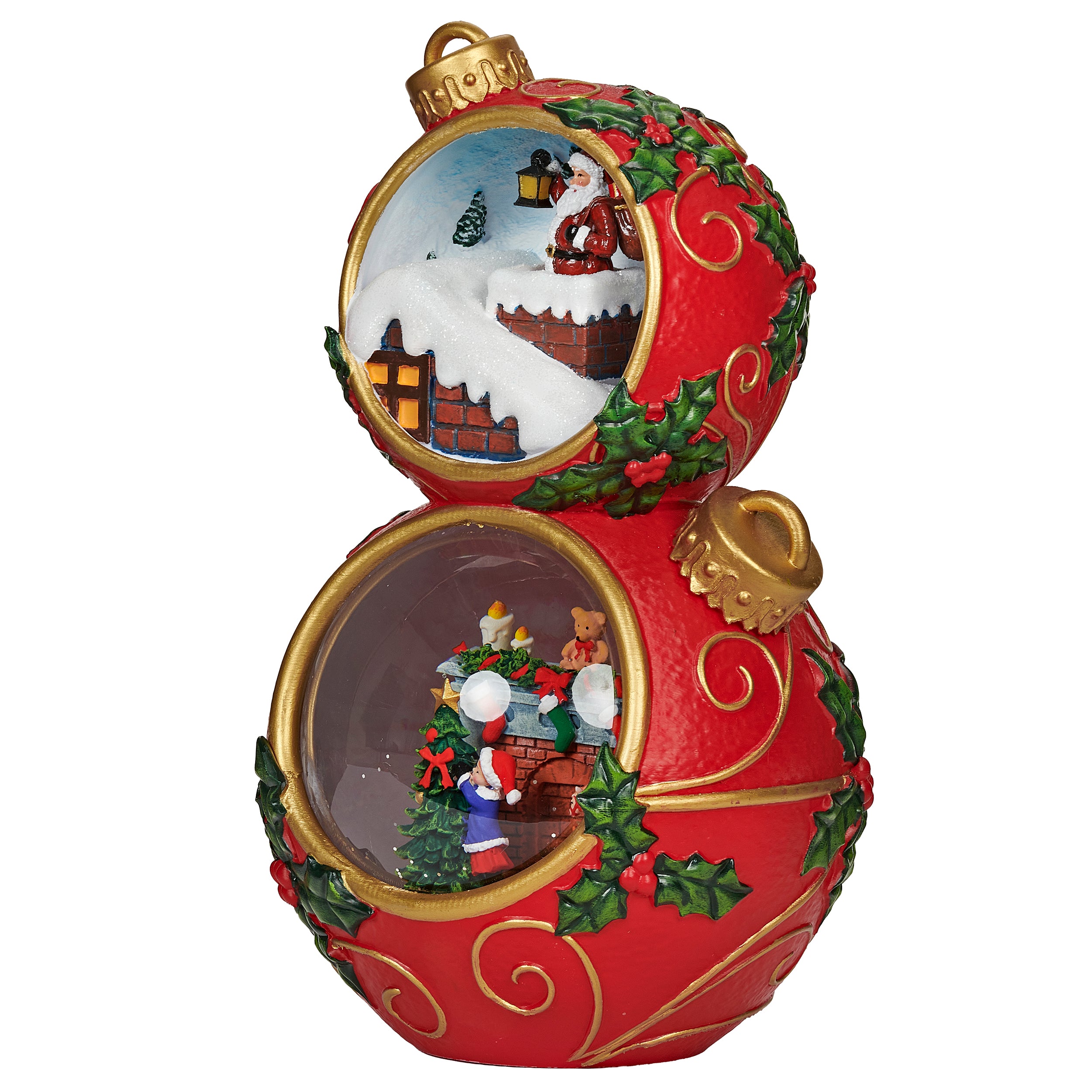 Decorative Christmas ornament with scenes of Santa Claus and children on a white background