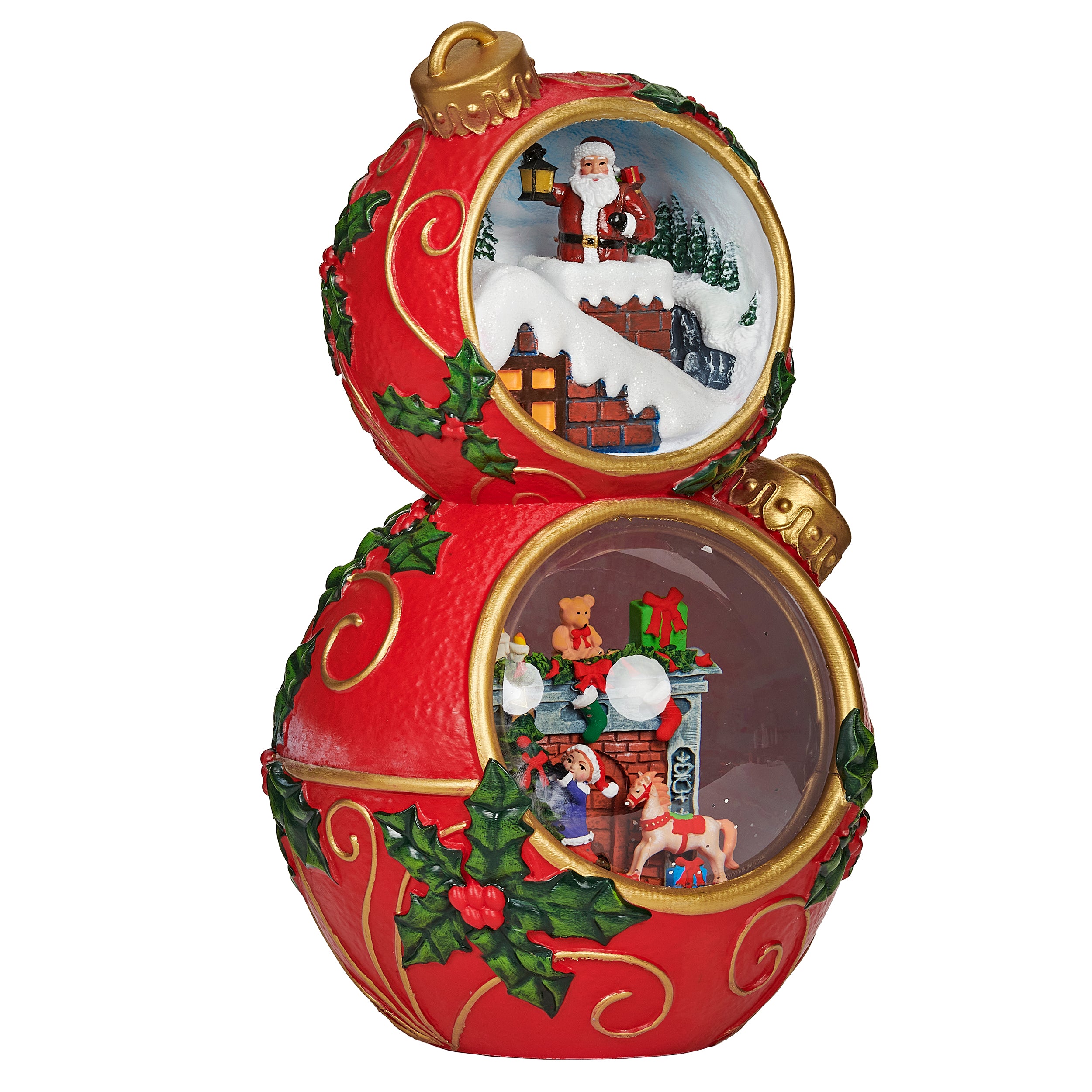Decorative Christmas ornament with scenes of Santa Claus and a house.