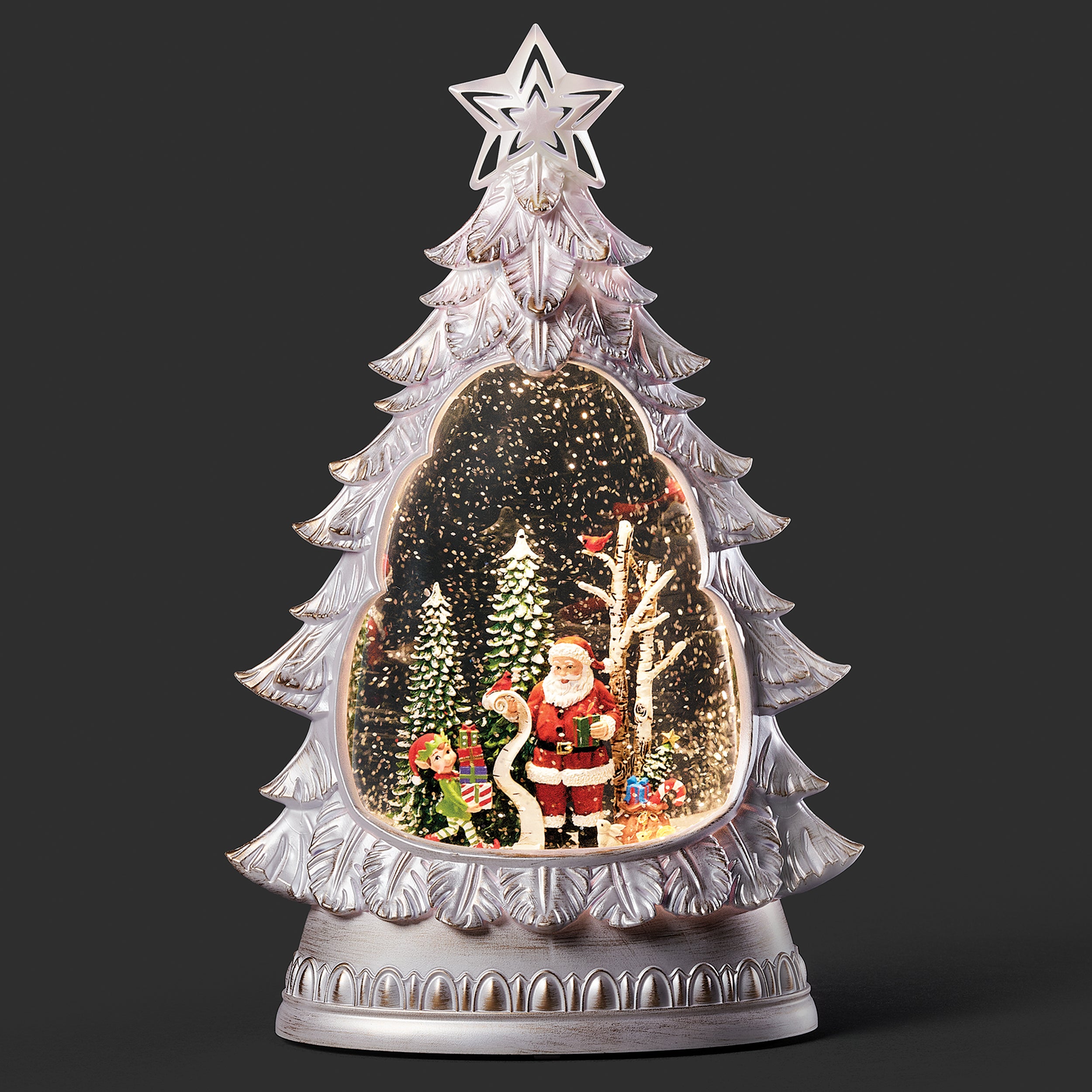Decorative Christmas tree-shaped water lamp with Santa Claus and reindeer inside on a black background