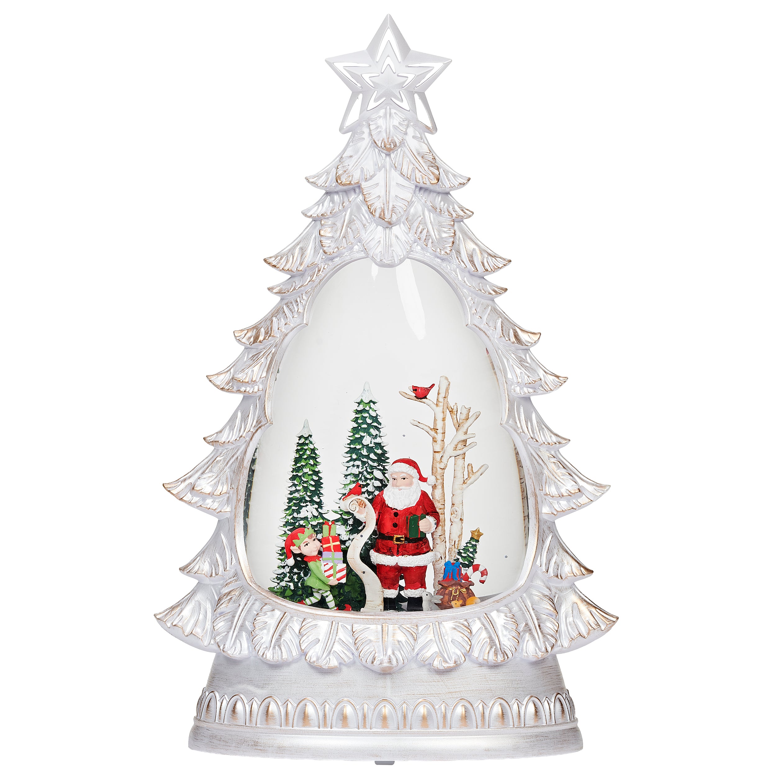 Christmas-themed snow globe with Santa Claus and trees on a white background