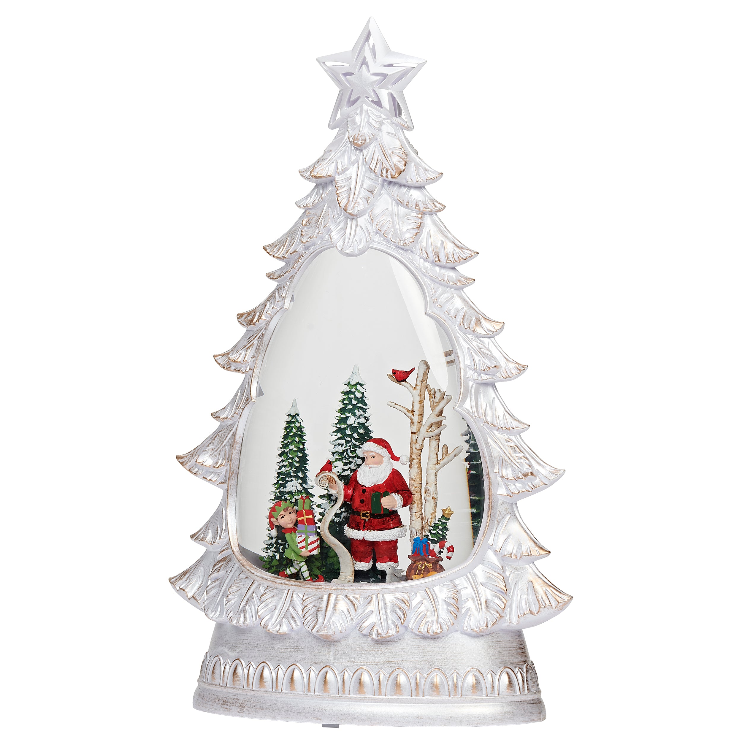 Decorative Christmas tree with Santa Claus and children inside a glass dome on a white background