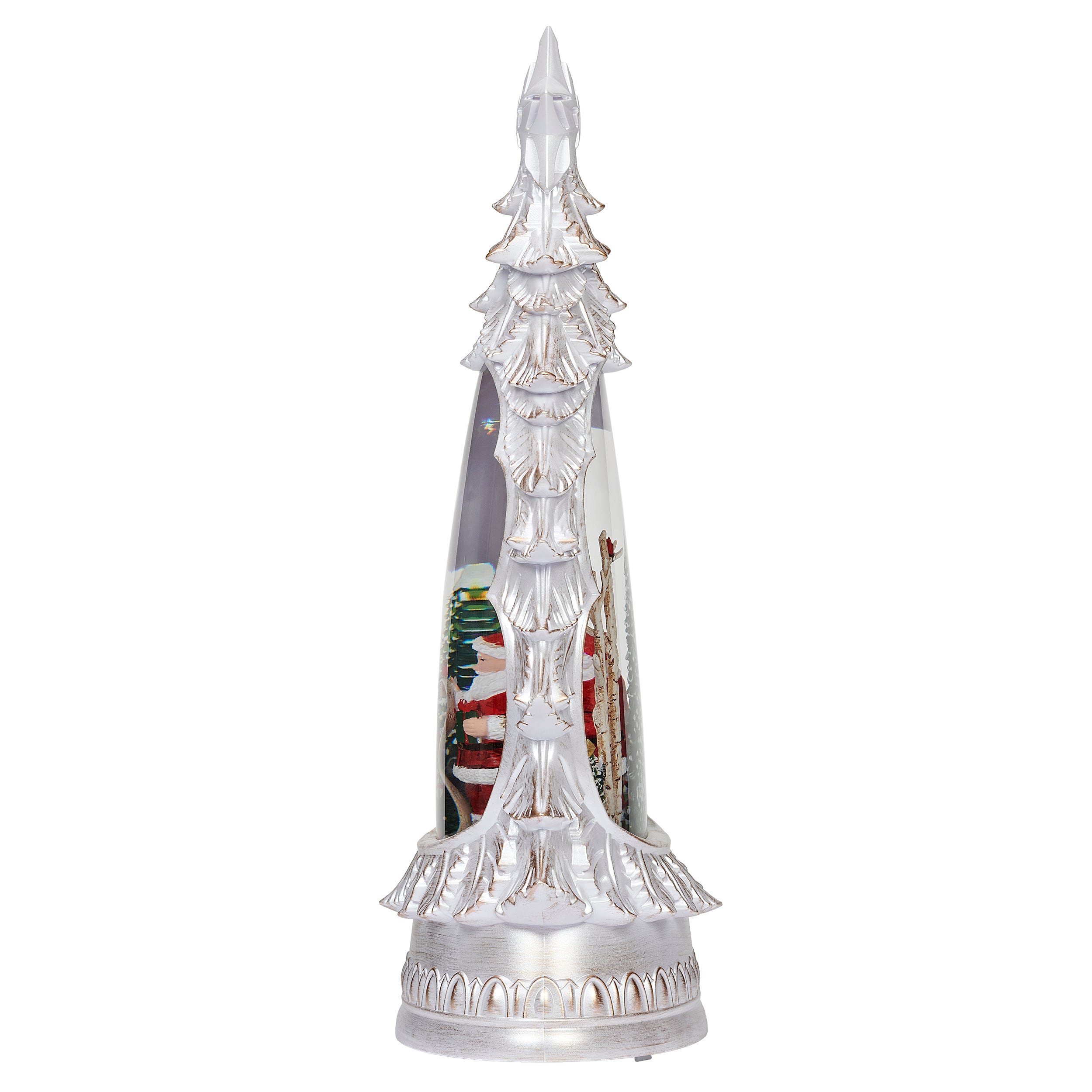Decorative Christmas tree with Santa Claus and children inside a glass dome on a white background