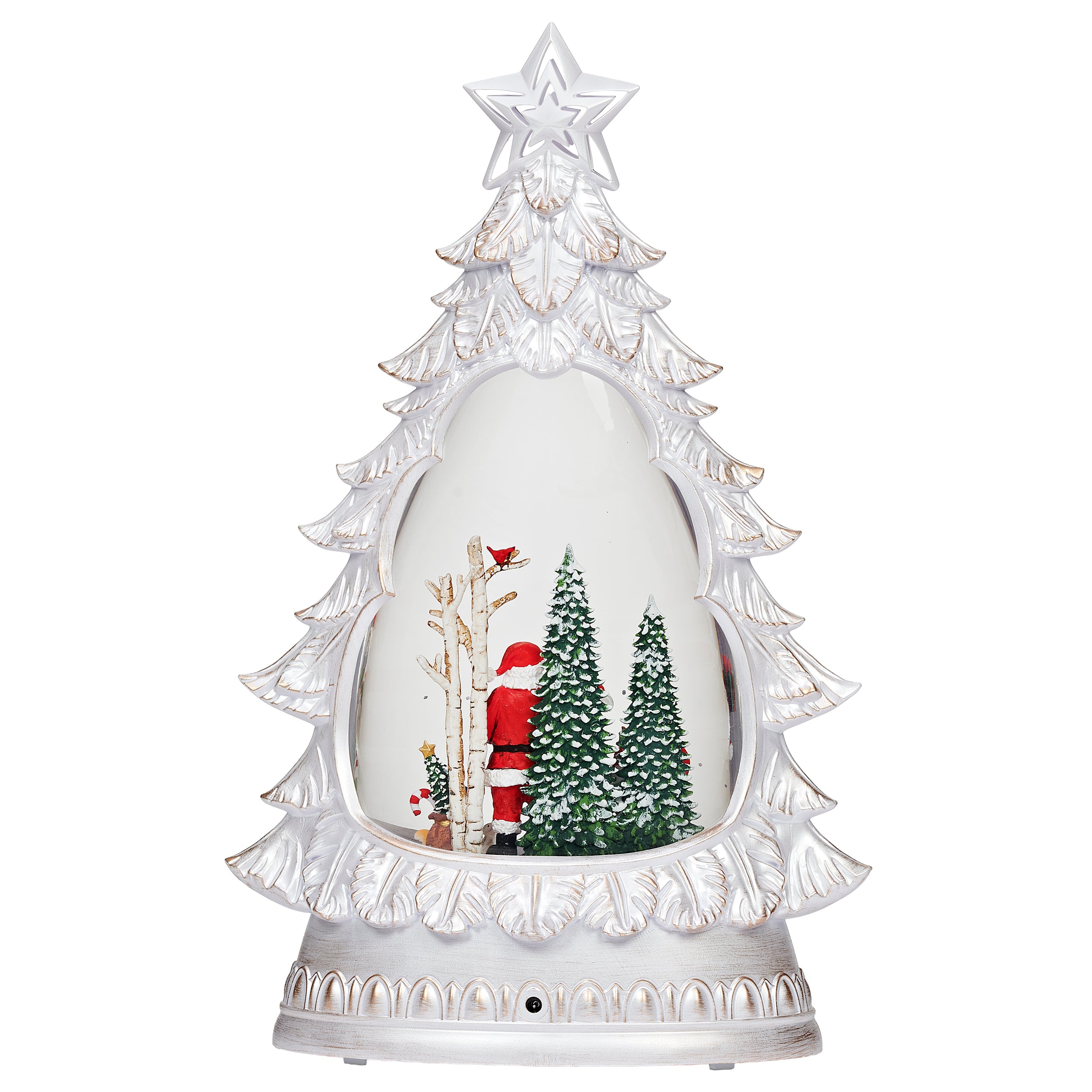 Decorative Christmas tree-shaped snow globe with Santa Claus and trees inside, on a white background.