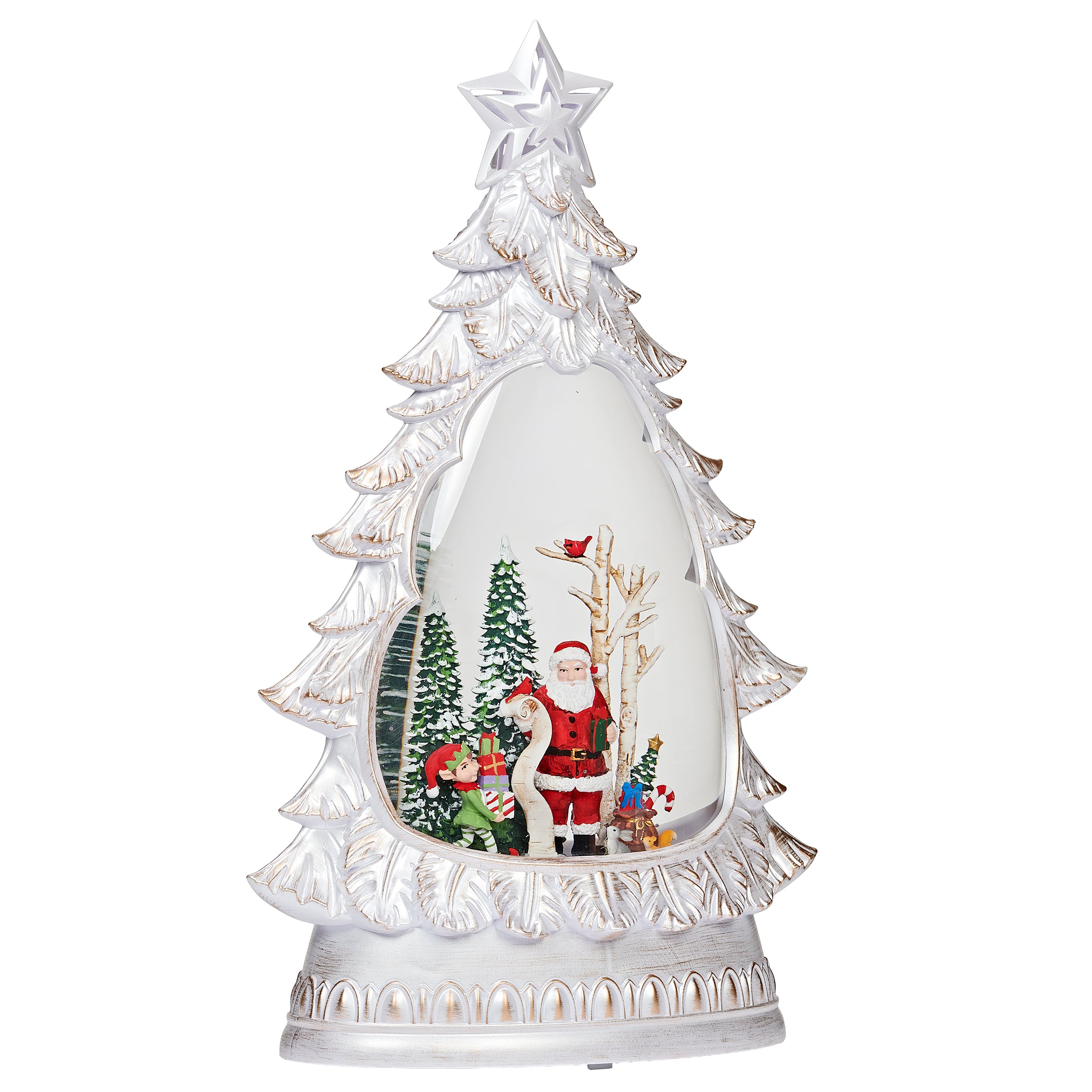 Decorative Christmas tree-shaped snow globe with Santa Claus and reindeer inside on a white background