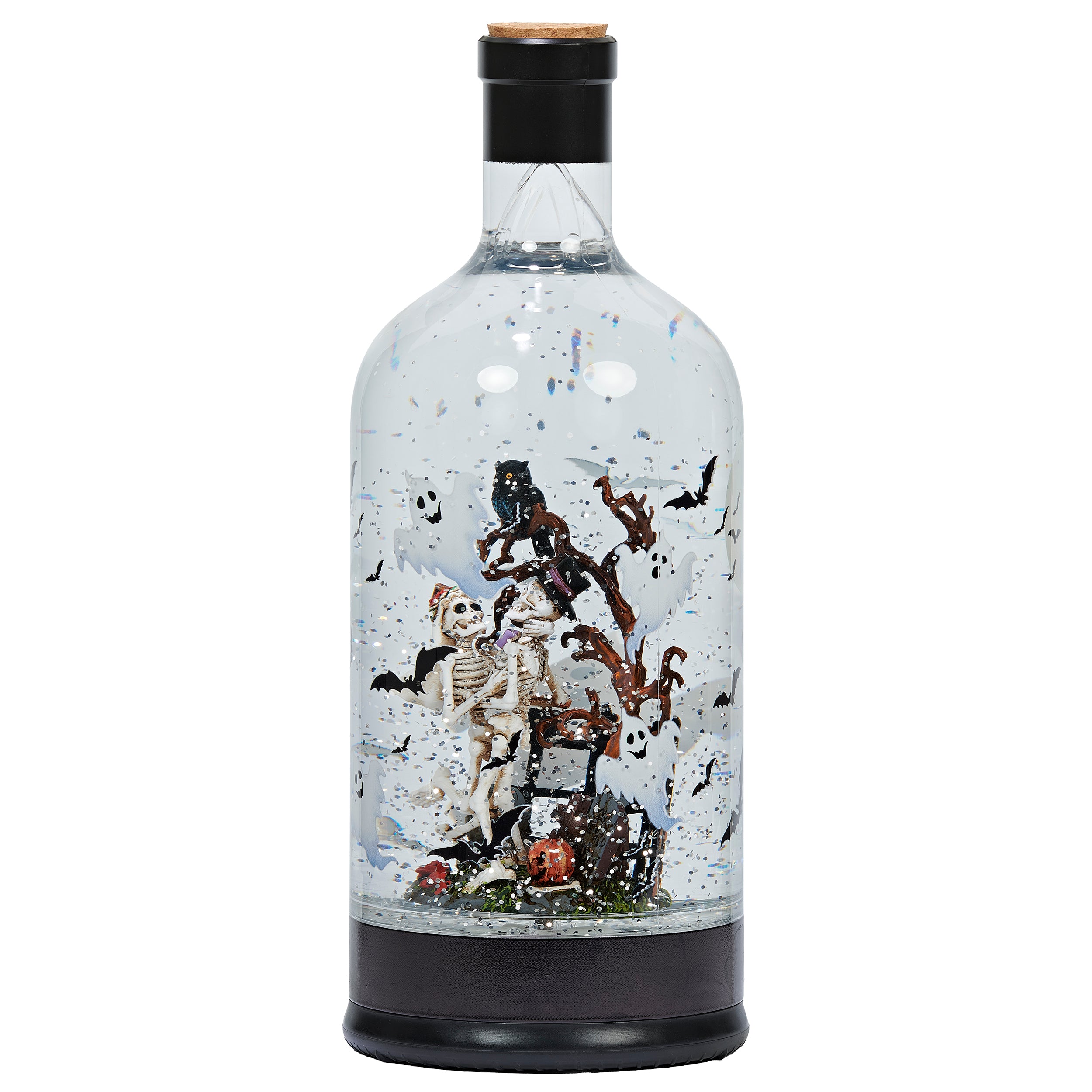 Decorative bottle with skeleton and ghost figures inside
