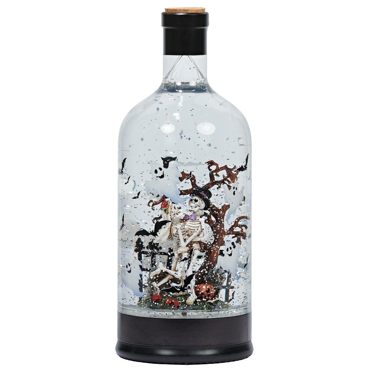 Lighted Swirl Halloween Scene Bottle with skeleton Halloween scene, front view