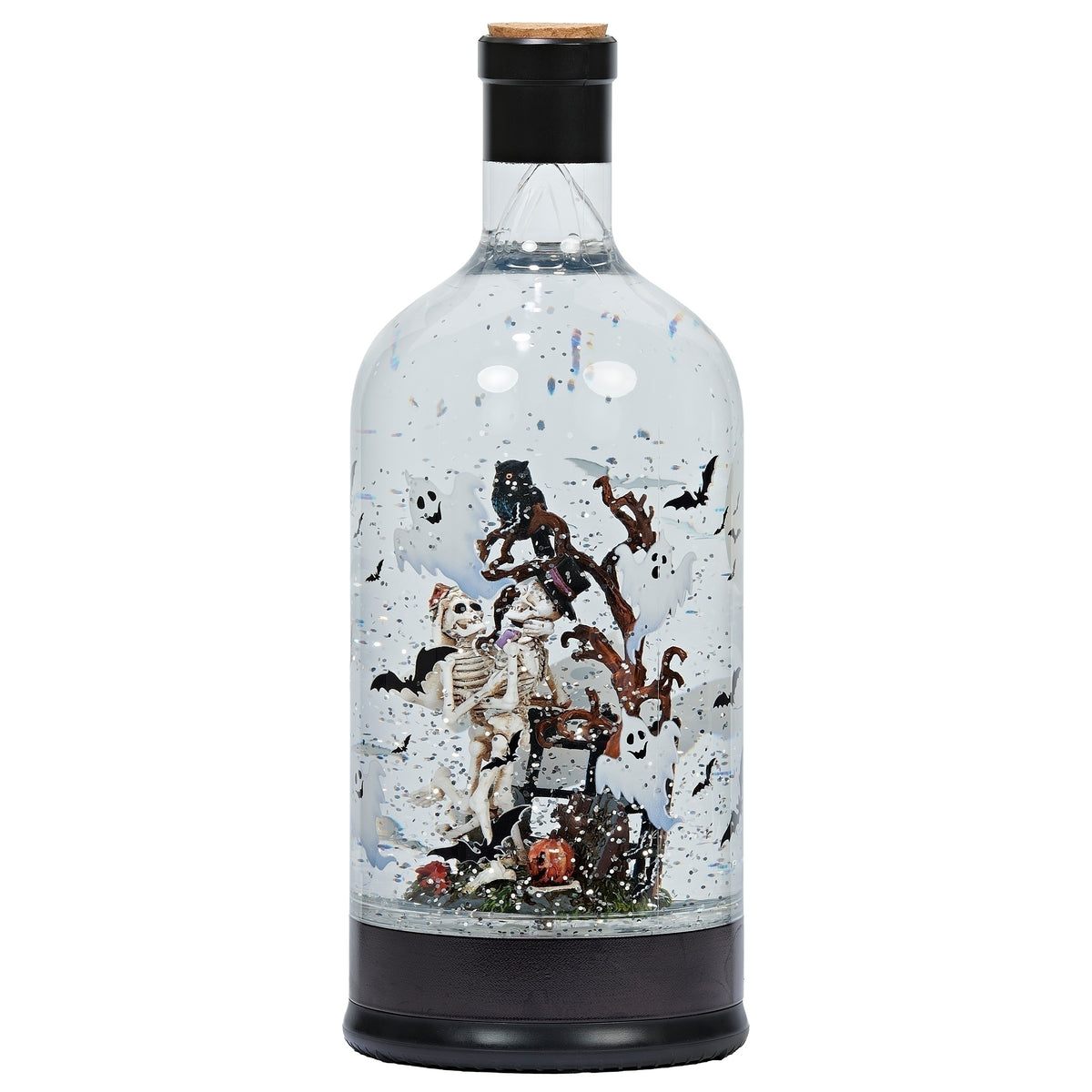 Lighted Swirl Halloween Scene Bottle with skeleton scene, angled front view