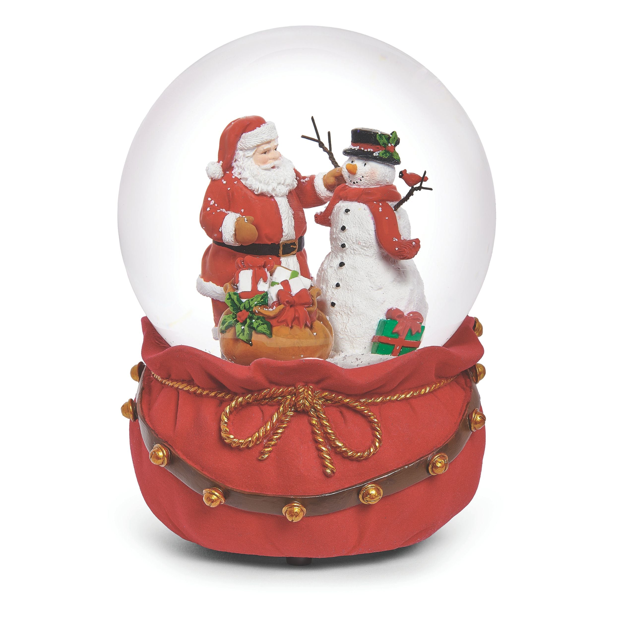 Christmas snow globe with Santa Claus and a snowman inside, on a white background.
