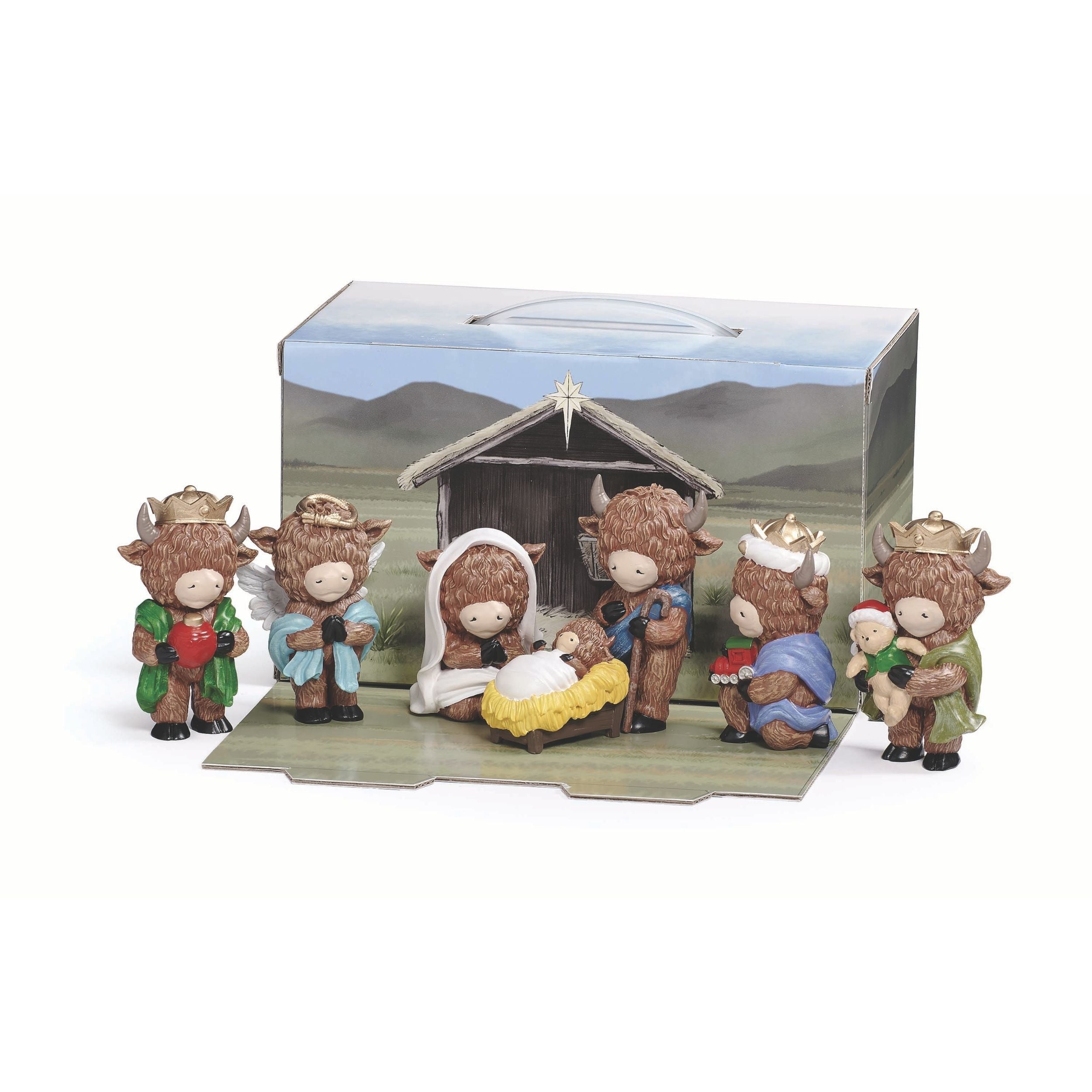 Set of nativity scene figurines with a scenic packaging box.