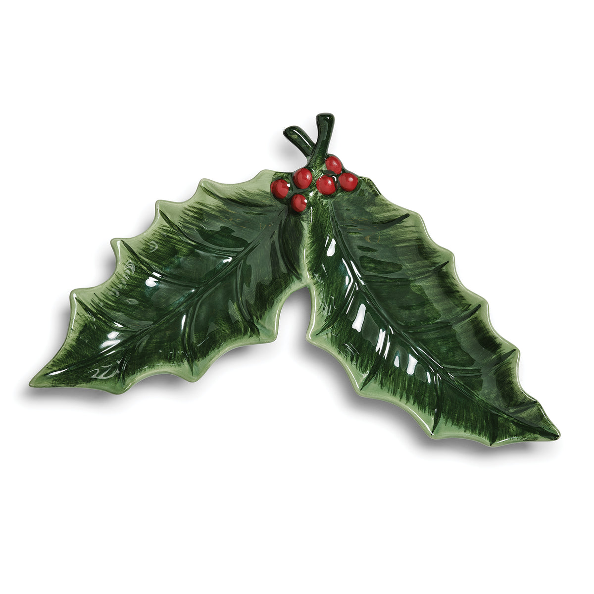 Front view of green holly leaf trinket dish with red berries