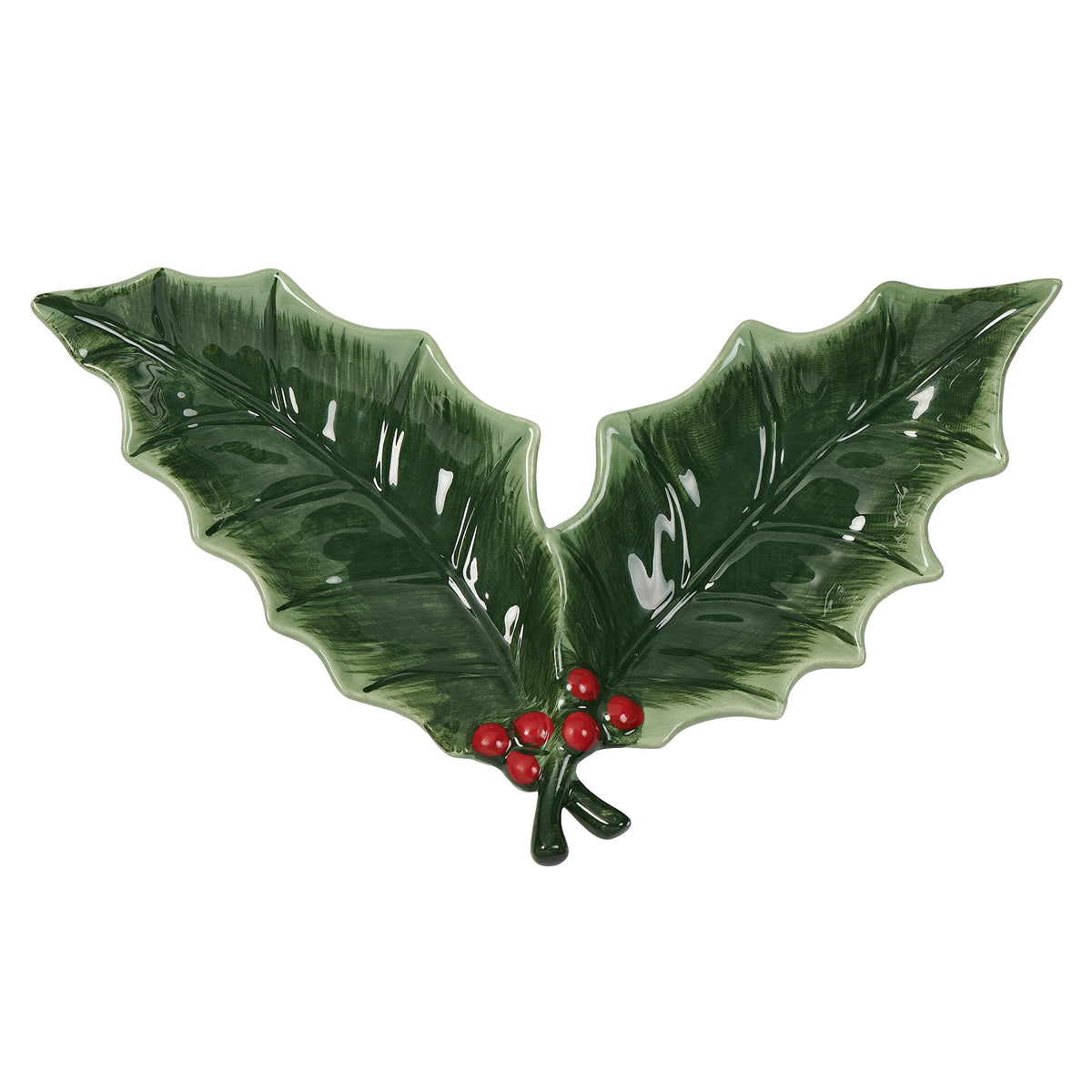 Top view of holly leaf trinket dish with sculpted green leaves and red berries